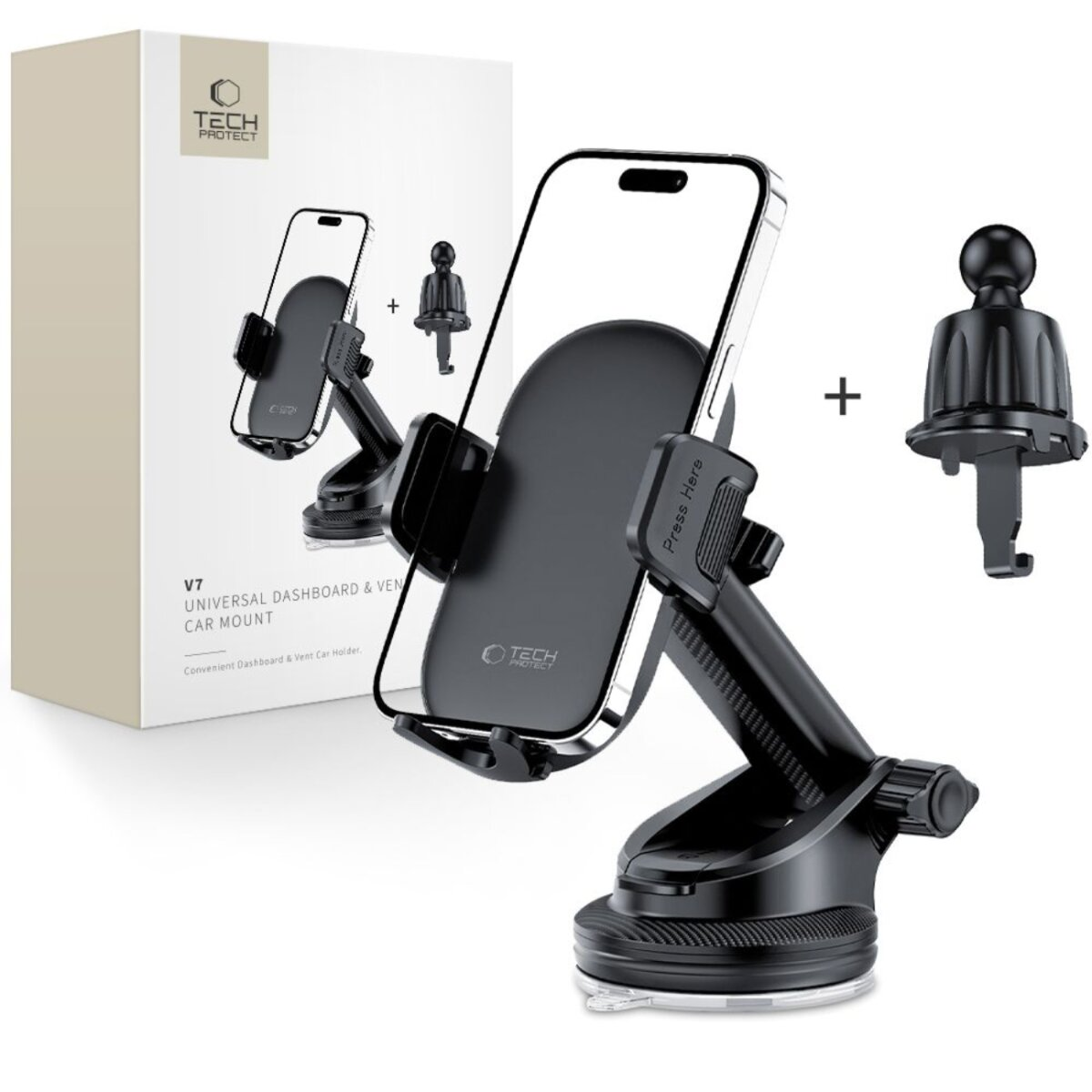 Eine schwarze Autotelefonhalterung mit Smartphone, Box und zusätzlichem Lüftungsclip. Die Halterung ist mit 'TECH PROTECT' beschriftet.