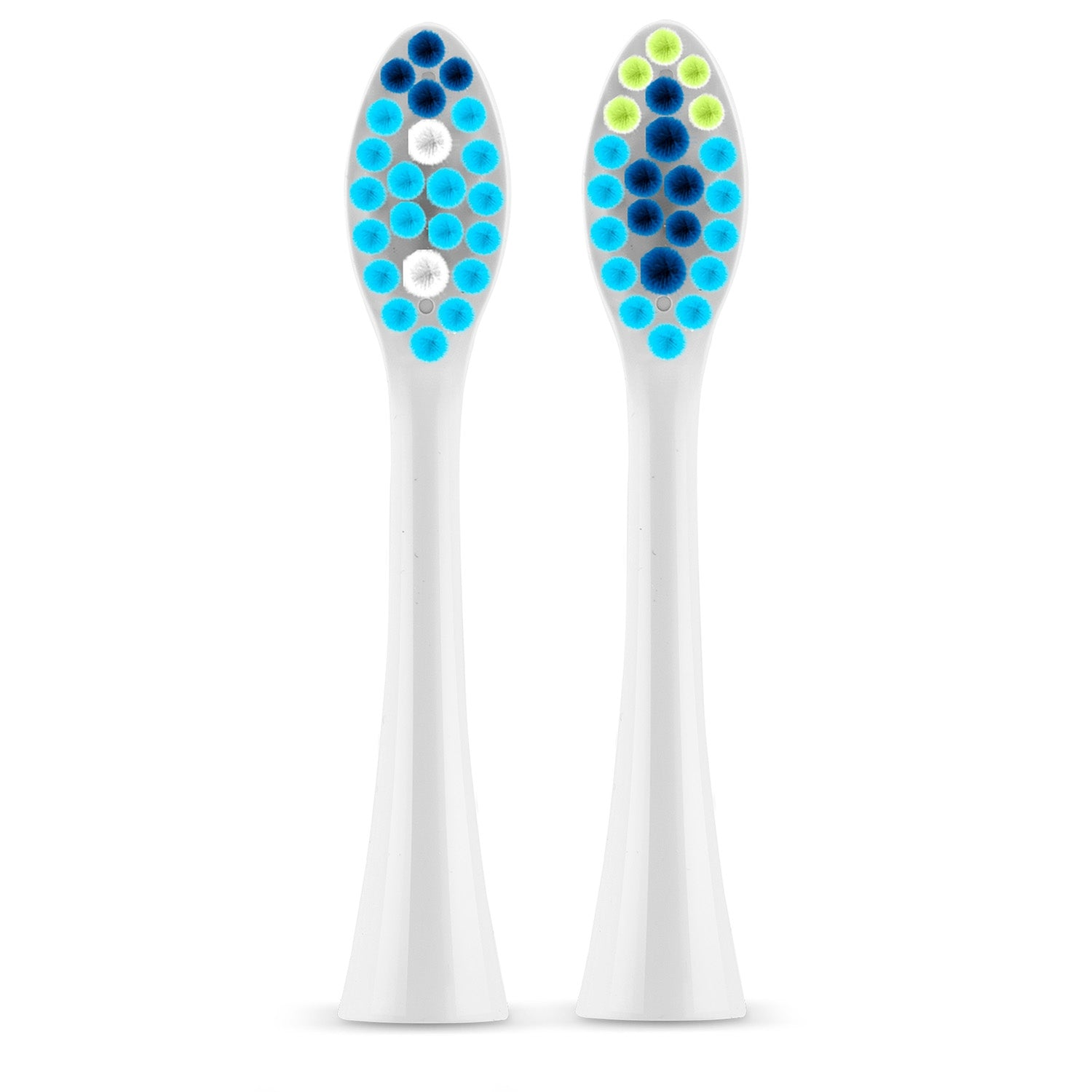 Dos cabezales de cepillo de dientes blancos con cerdas de colores. Uno tiene cerdas azules, blancas y verdes; el otro tiene cerdas azules y blancas.