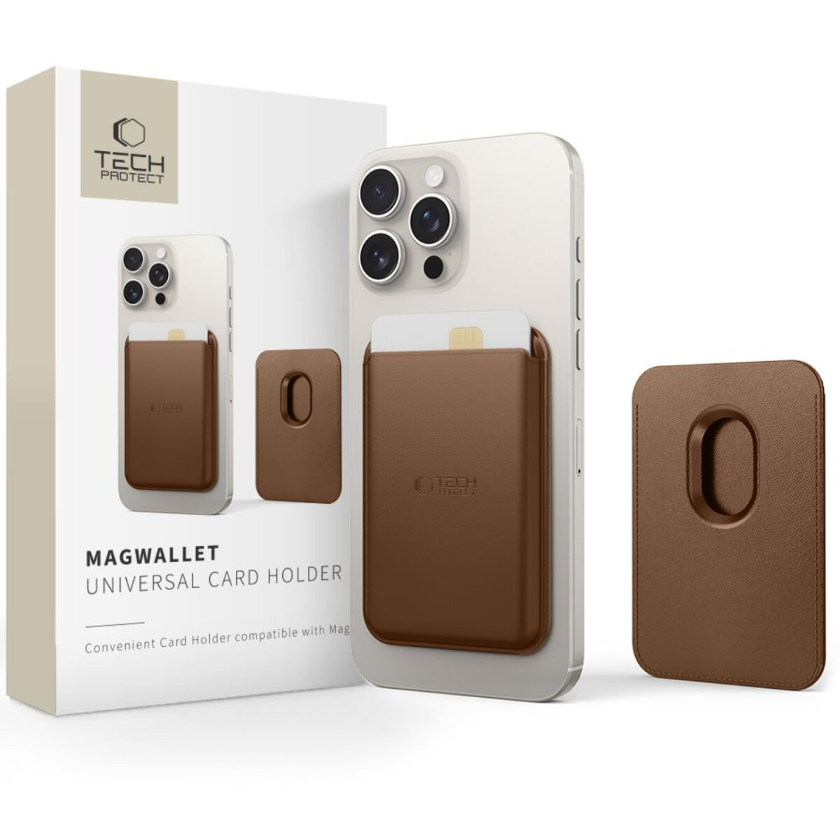 Ein Telefon mit braunem Kartenhalter, ein abnehmbarer Kartenhalter und Produktverpackung. Der Kartenhalter ist mit 'Magwallet' beschriftet.