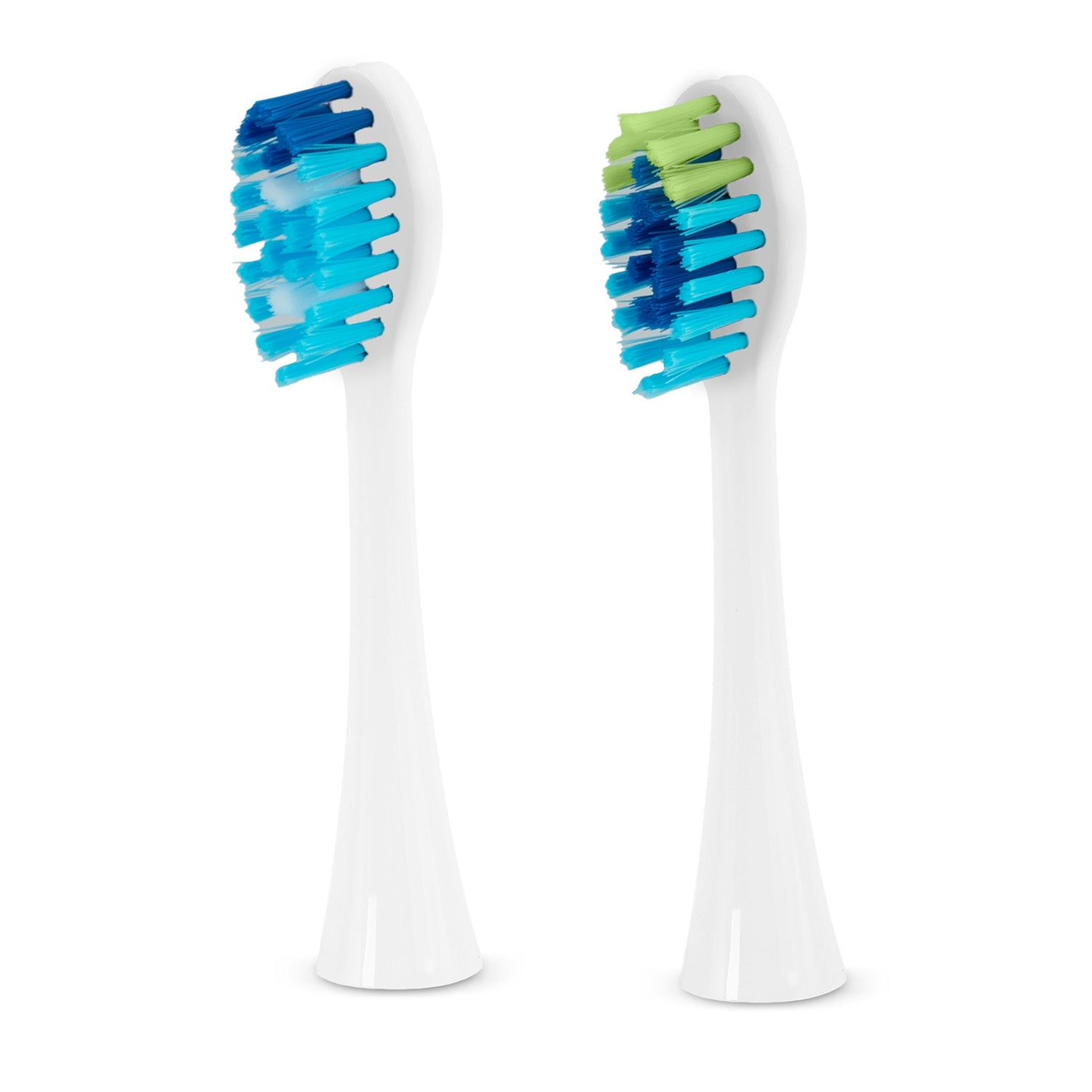 Dos cabezales de cepillo de dientes. Uno con cerdas azules y blancas, el otro con cerdas verdes y azules. Ambos tienen mangos blancos.