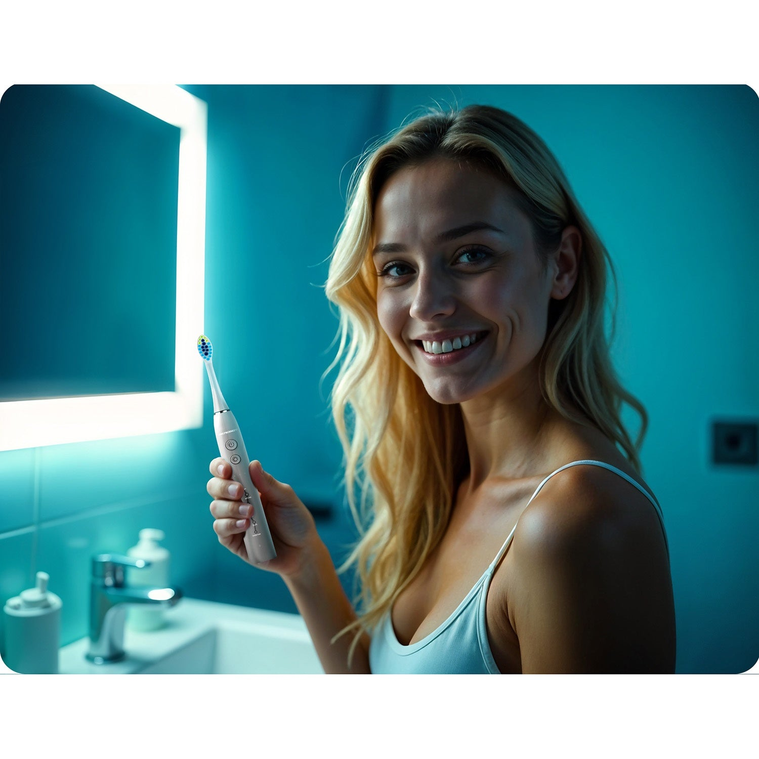 Una mujer sonríe, sosteniendo un cepillo de dientes eléctrico. Está en un baño con luz azul, cerca de un espejo y un lavabo.