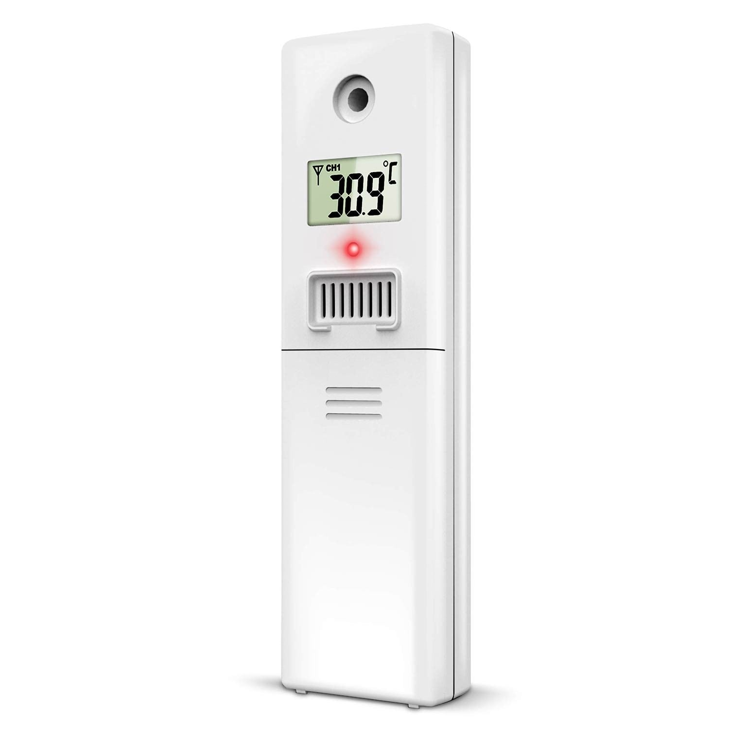 Un termómetro digital blanco muestra 30,9°C. Tiene una luz roja, una pequeña rejilla de altavoz y un agujero en la parte superior.