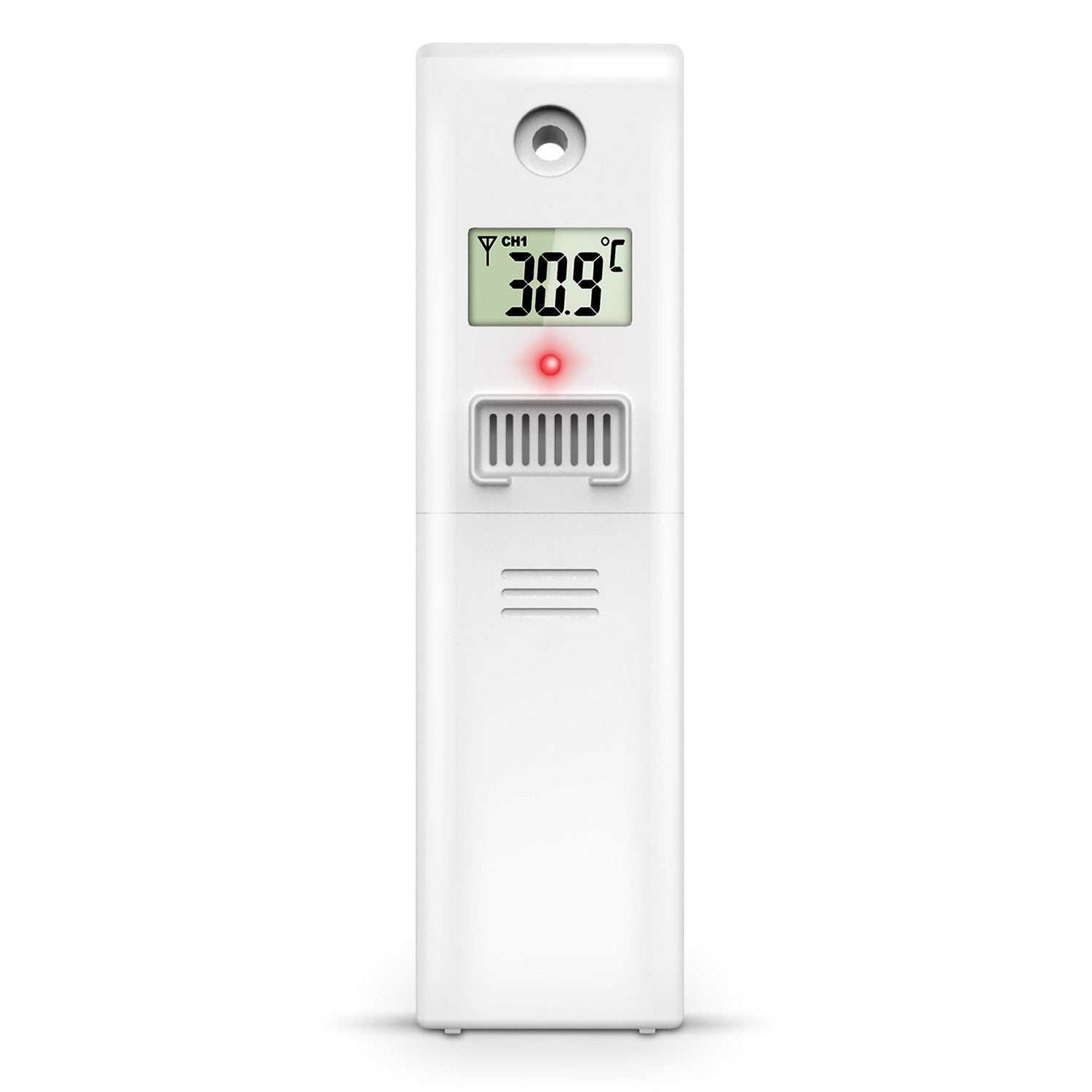 Un termómetro digital blanco que muestra 30,9 °C. Tiene una luz roja y una pequeña rejilla. El dispositivo está sobre un fondo blanco.