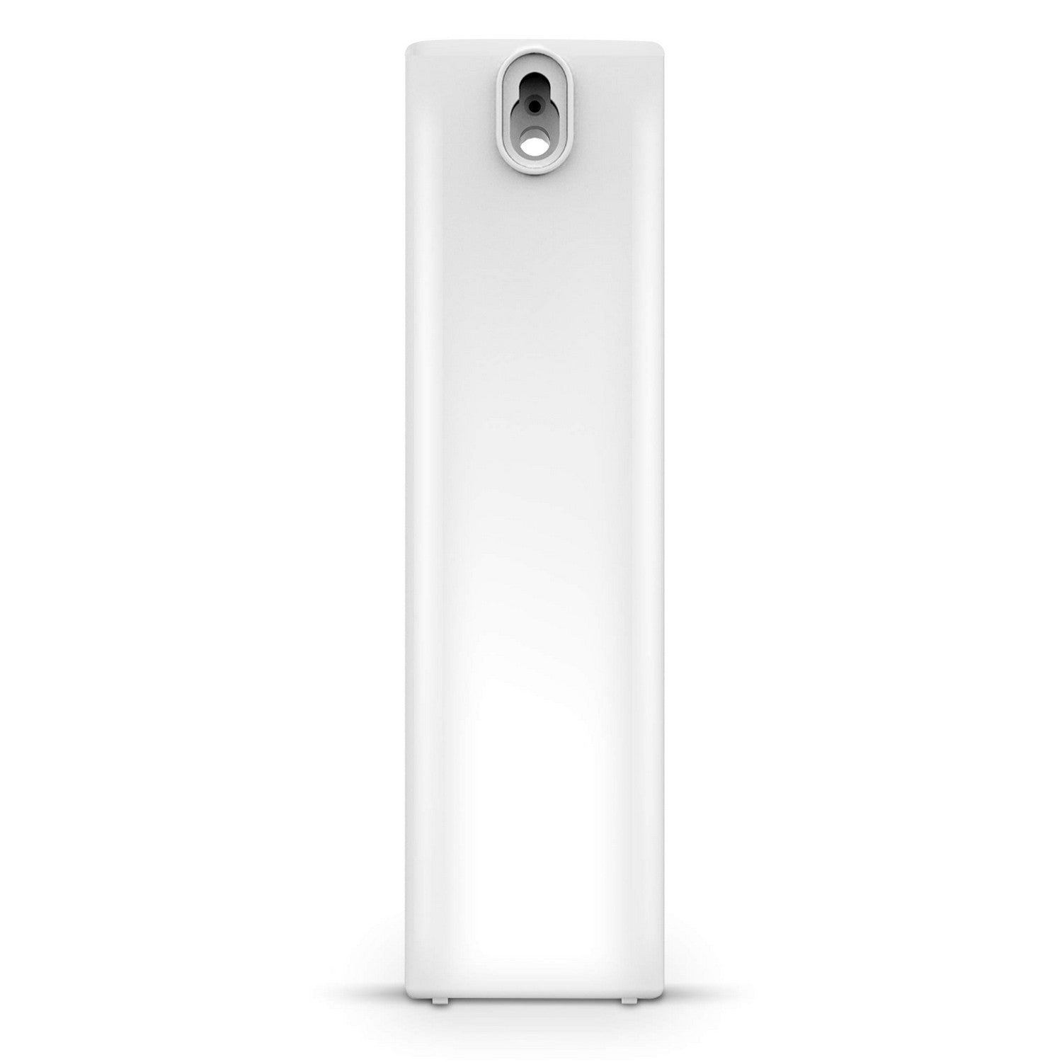 Un dispositivo blanco y rectangular con un pequeño elemento circular en la parte superior. El dispositivo tiene una superficie lisa y está sobre fondo blanco.