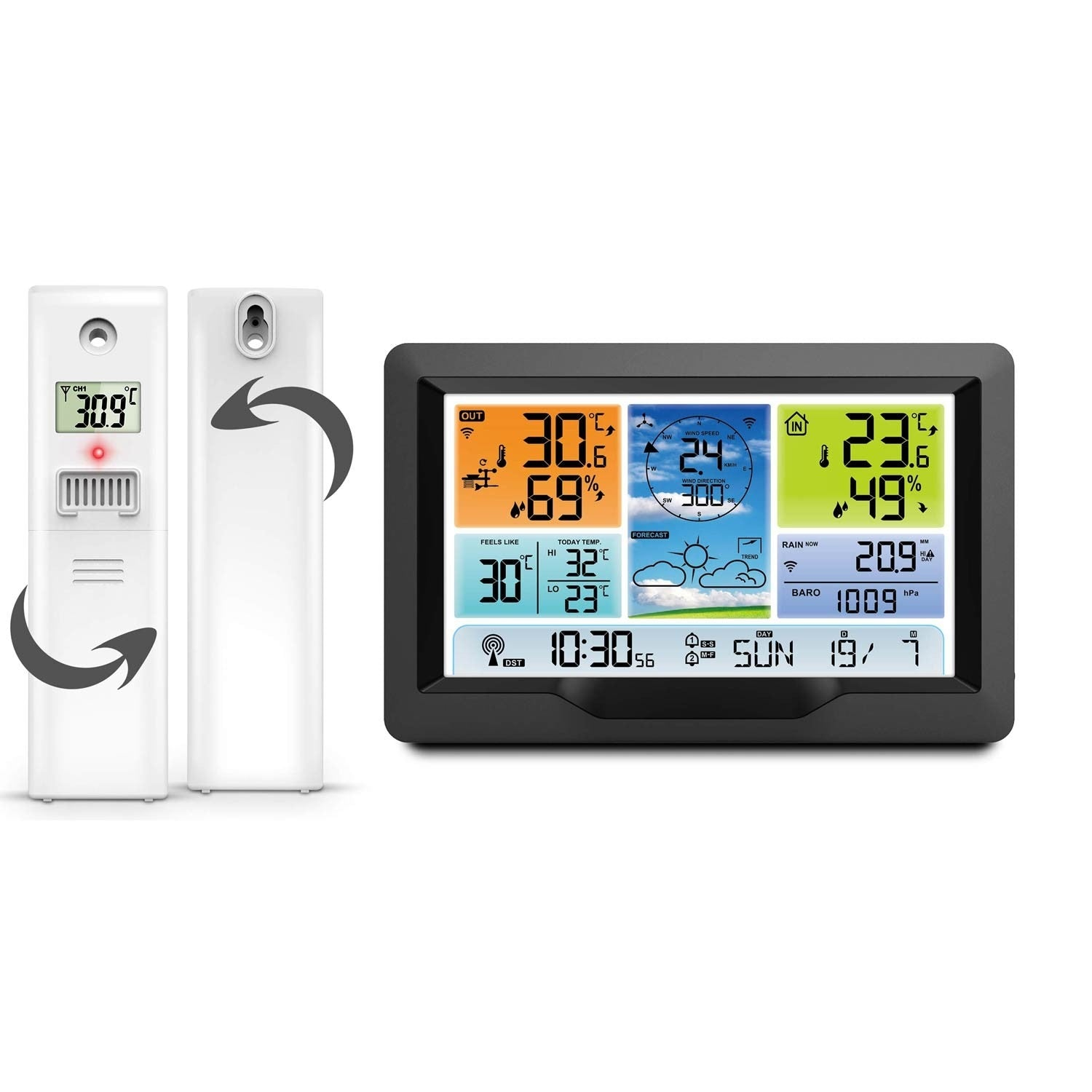 Una estación meteorológica muestra datos de temperatura, humedad y pronóstico del tiempo. Dos dispositivos blancos a la izquierda.