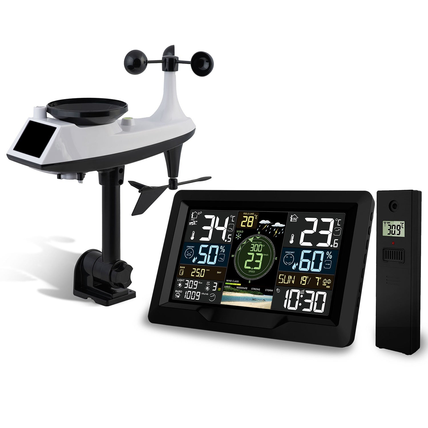 Una estación meteorológica muestra temperatura, humedad y velocidad del viento. Incluye un conjunto de sensores, una pantalla digital y un sensor remoto.