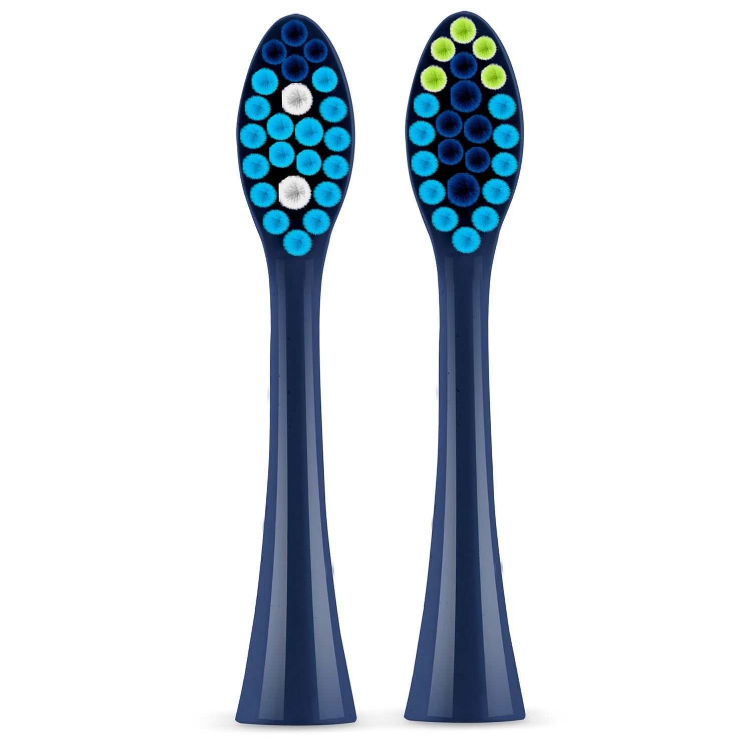 Dos cabezales de cepillo de dientes azules. Uno tiene cerdas azules y blancas. El otro tiene cerdas azules y verdes. Ambos tienen mangos azul oscuro.