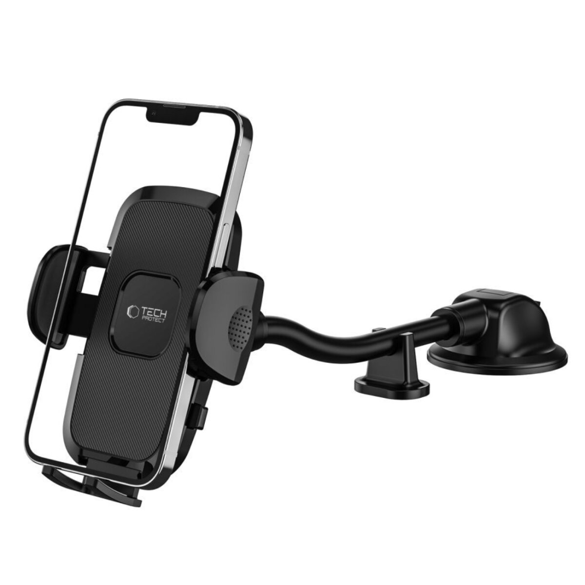Ein schwarzer Autotelefonhalter mit einem Telefon darin. Der Halter hat einen Saugnapf und einen flexiblen Arm.