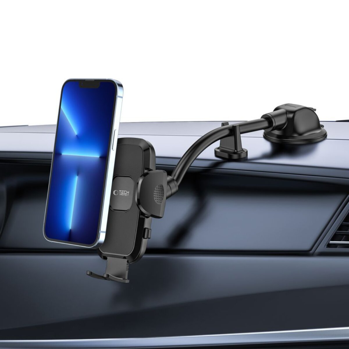 Ein Telefon ist auf einer schwarzen Autotelefonhalterung montiert. Das Telefon ist blau und die Halterung ist an einem Armaturenbrett befestigt.