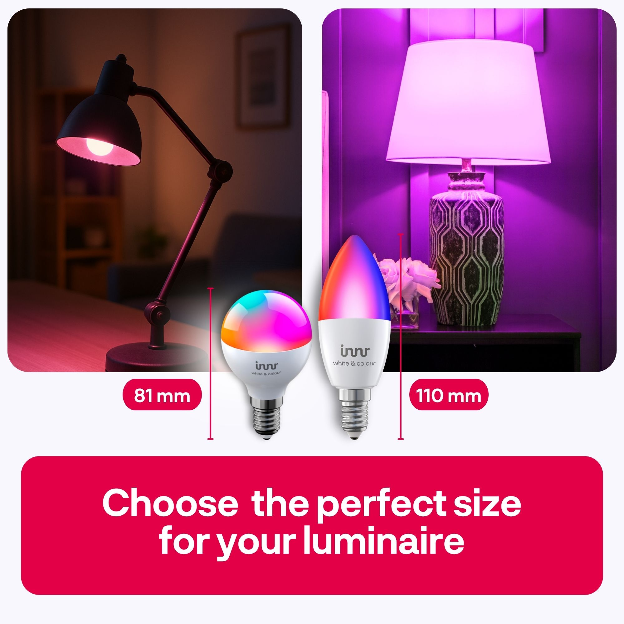 Das Bild zeigt zwei Lampen, eine Schreibtischlampe mit rotem Licht und eine Lampe mit Lampenschirm. Zwei Glühbirnen und ein Textfeld darunter.