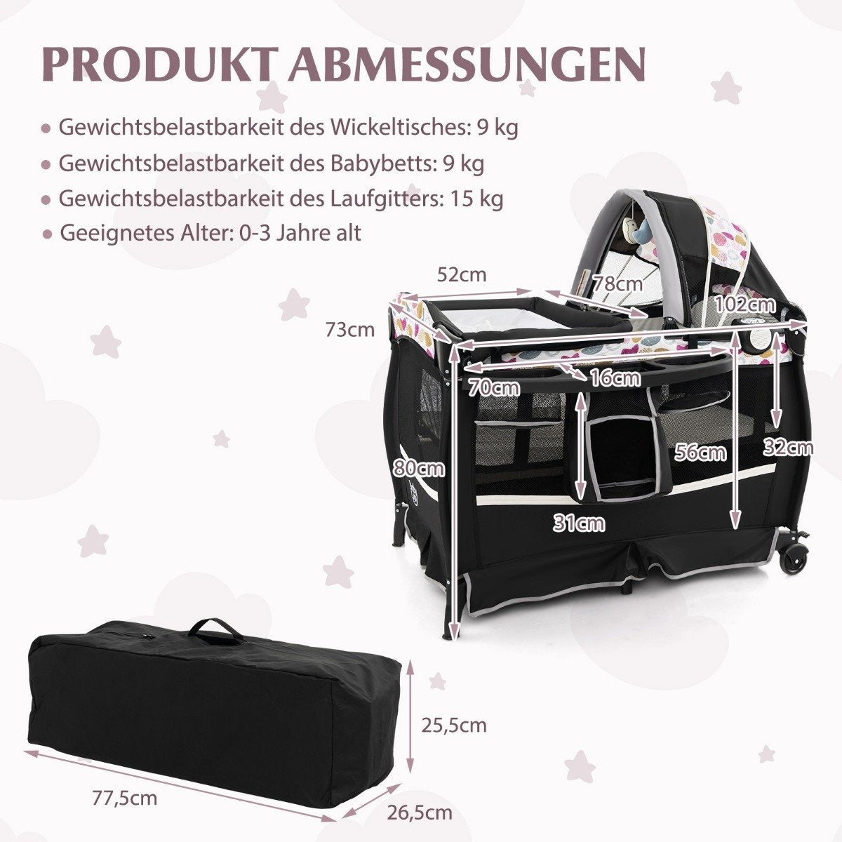 Una cuna de viaje para bebé negra con dimensiones etiquetadas. Una bolsa de transporte negra en la parte inferior e información del producto en la parte superior.