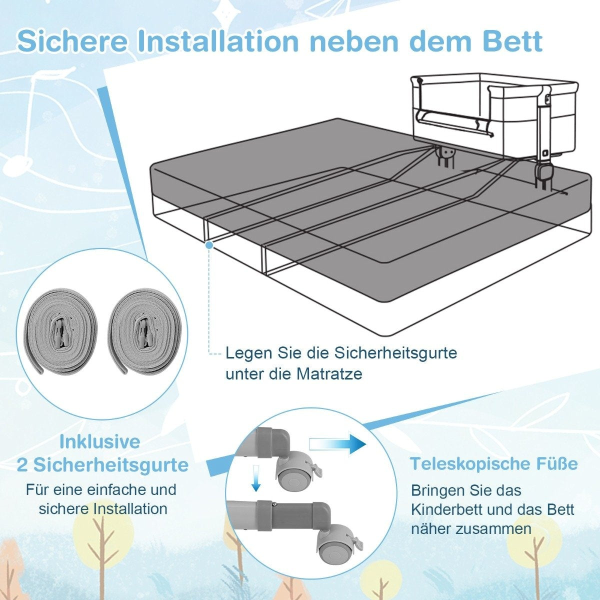 Diagrama muestra la instalación de una cuna junto a una cama. Incluye cinturones de seguridad, pies telescópicos e instrucciones.