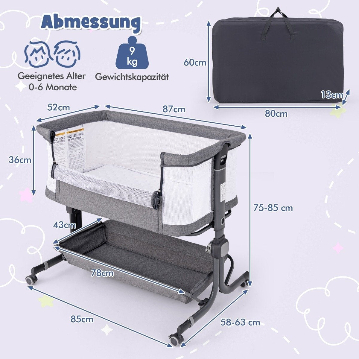 Se muestra una cuna gris con medidas. Una bolsa de transporte está en la parte superior derecha. Es adecuado para 0-6 meses y 9 kg.