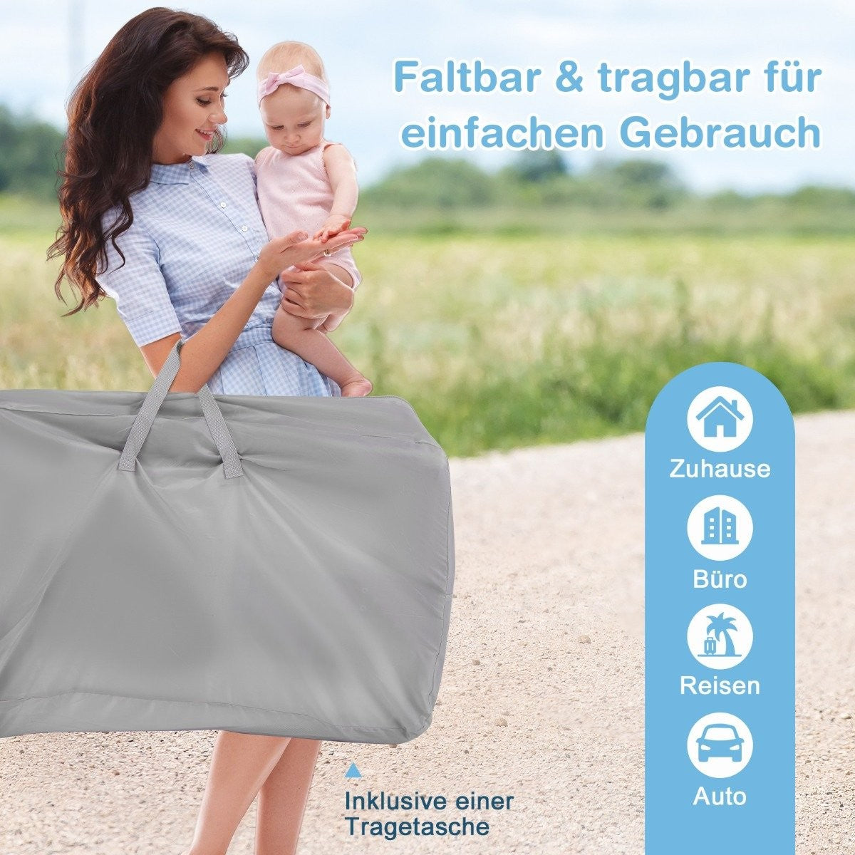 Una mujer sostiene a un bebé y una bolsa gris. El texto dice 'plegable y portátil para un uso fácil'. Iconos indican hogar, oficina, viajes y coche.