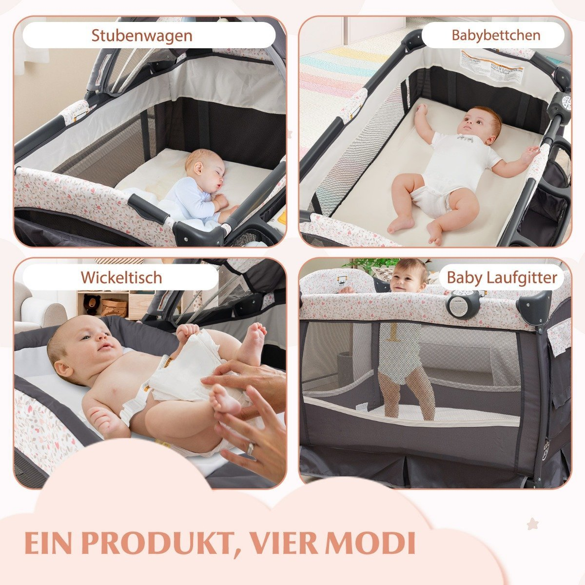 La imagen muestra un producto en cuatro modos: moisés, cuna, cambiador y parque infantil. Hay bebés en cada modo. El texto dice 'Un producto, cuatro modos'.