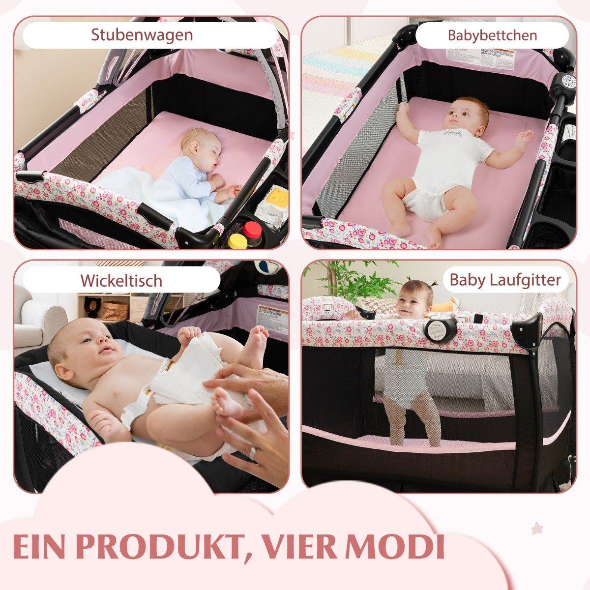 Cuatro modos de productos para bebés: cochecito, cuna, cambiador y parque. Se muestran bebés en cada modo. Hay diseños rosas y florales.