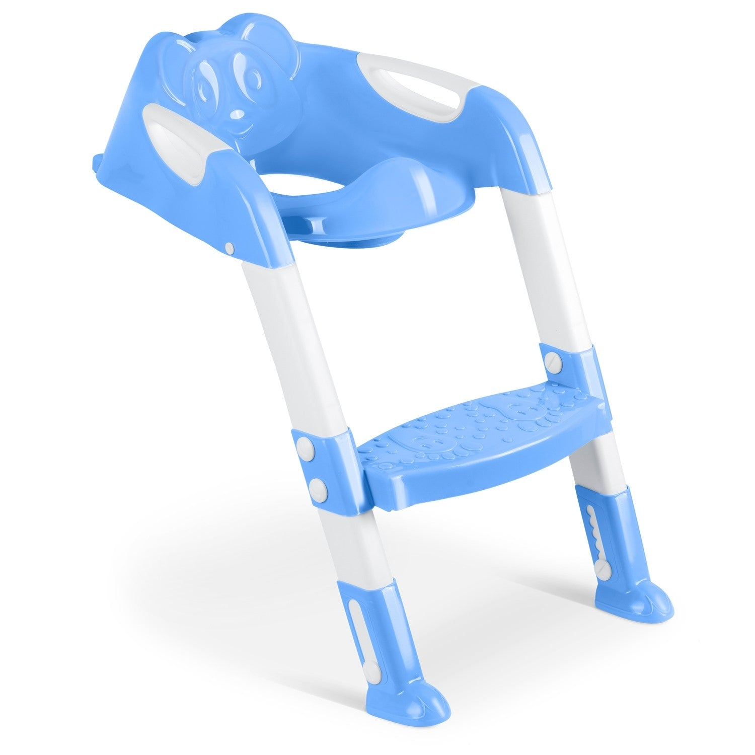 Un taburete azul y blanco para entrenar al bebé para ir al baño. Tiene un diseño de cara de oso en el respaldo. El taburete tiene dos escalones.
