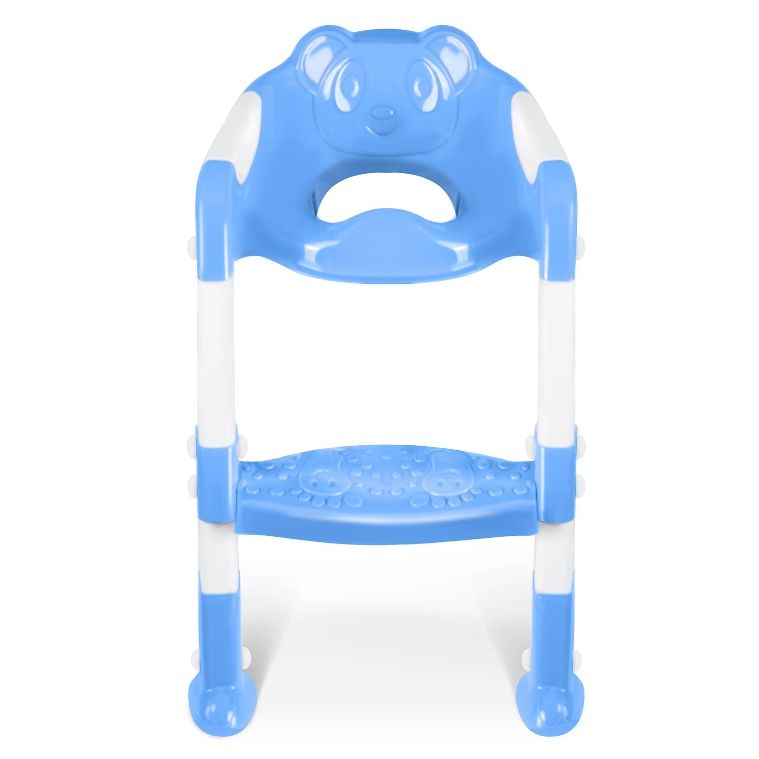 Un taburete azul y blanco con una cara de oso en el respaldo. Tiene dos escalones y está diseñado para niños.