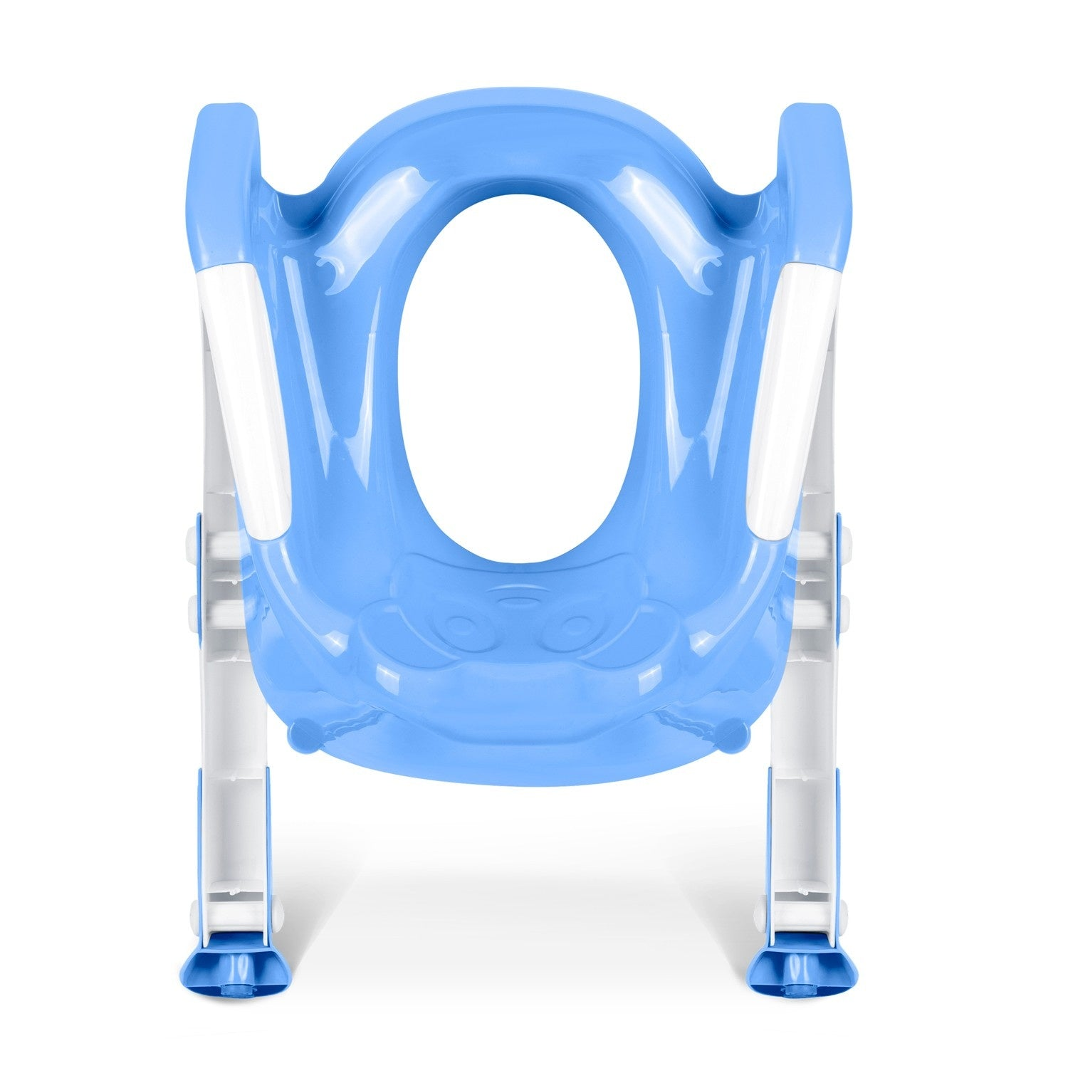 Un orinal de entrenamiento azul y blanco, abierto en el medio con patas de apoyo, diseñado para niños.