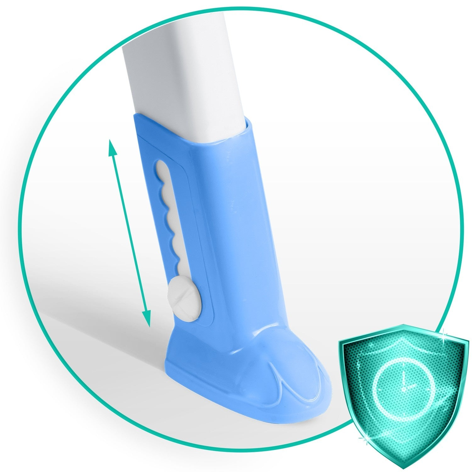 Primer plano de una pata azul ajustable. Una flecha verde indica el ajuste de altura. Un escudo con un reloj está en la esquina.