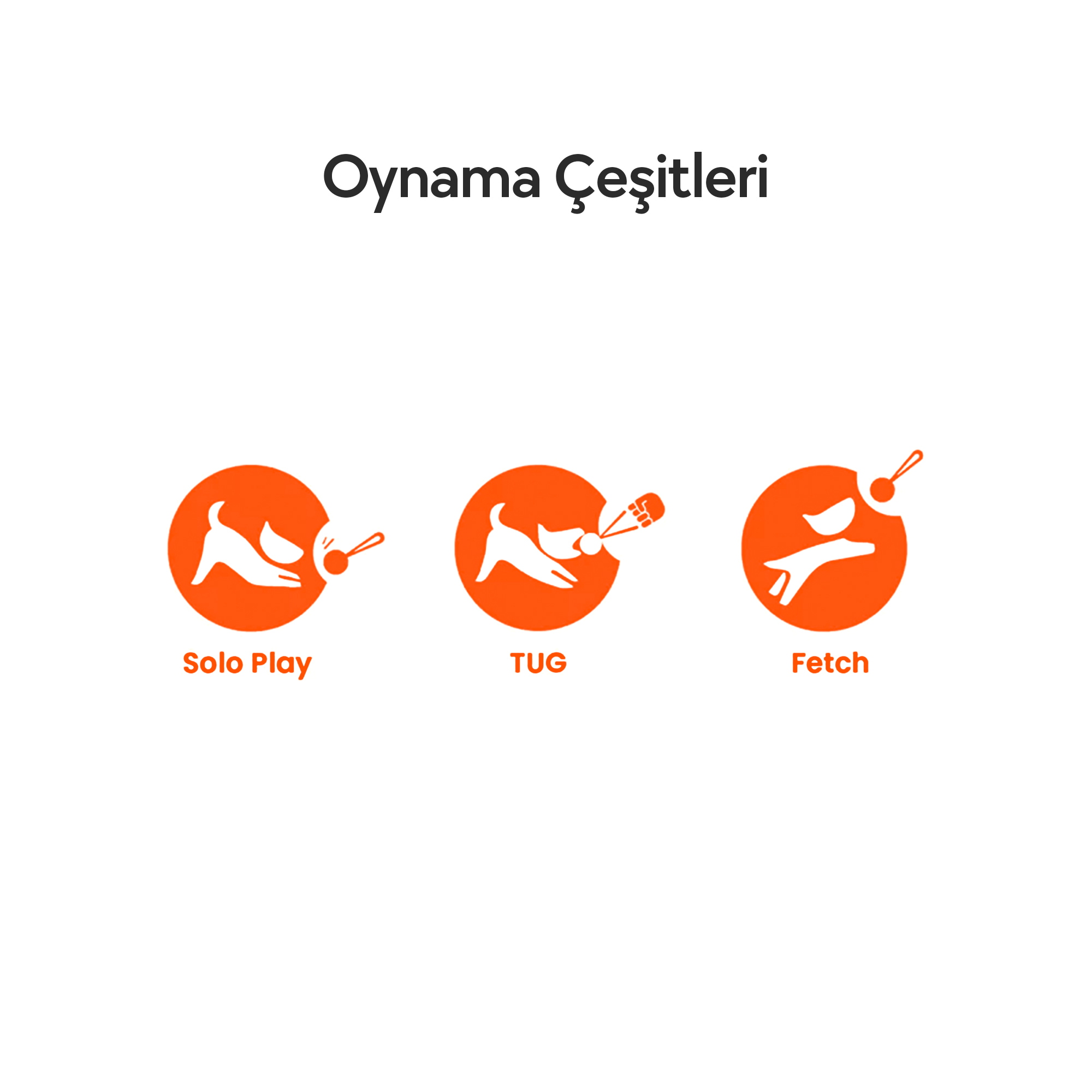 Görselde, her biri bir oyun türünü temsil eden, köpek illüstrasyonları içeren üç turuncu daire yer almaktadır: Solo Play, Tug ve Fetch.
