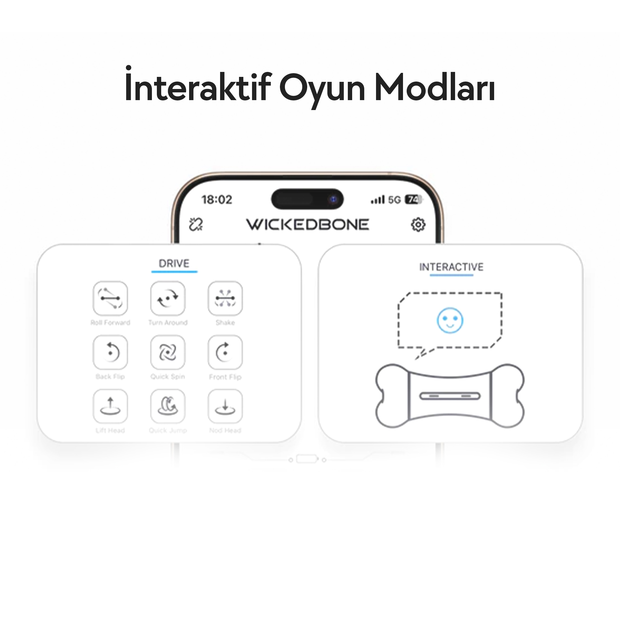 Akıllı telefon uygulaması, DRIVE ve INTERACTIVE modlarını simgeler ve gülen yüz ile gösteriyor.