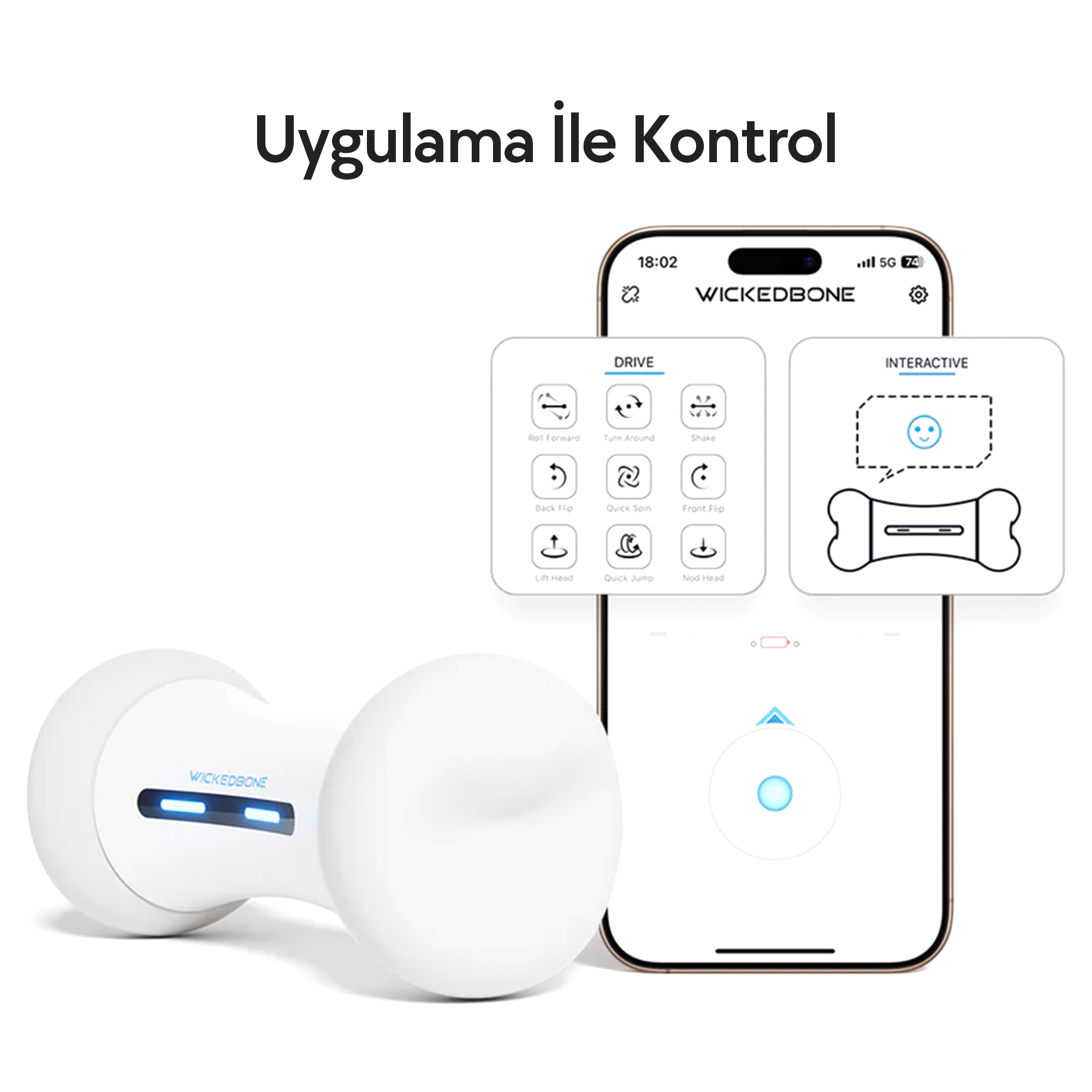 Kontrolleri gösteren bir telefonla beyaz bir köpek oyuncağı. Üstte Türkçe metin. Telefon, yuvarlanma, döndürme ve sallama gibi kontrolleri gösterir.