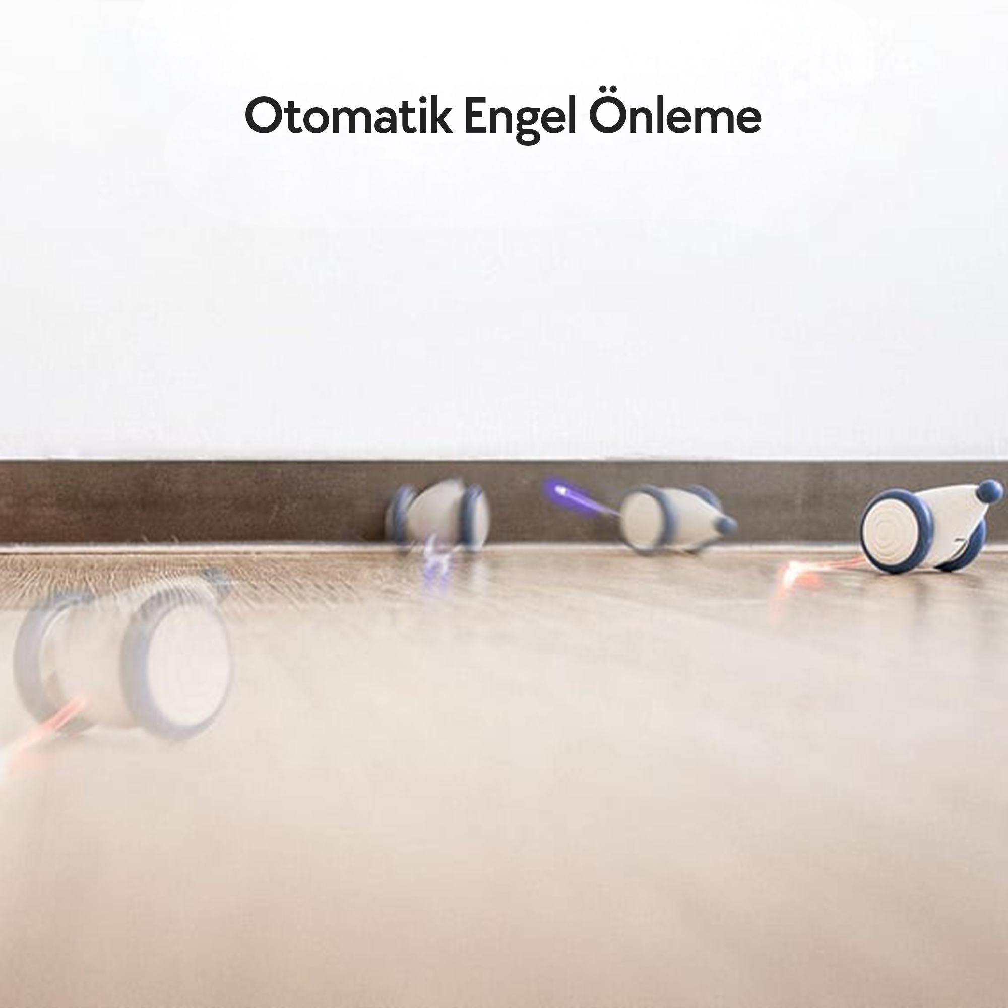 Ahşap zeminde beyaz ve mavi robot oyuncak. Üstteki metin 'Otomatik Engel Önleme' yazıyor.