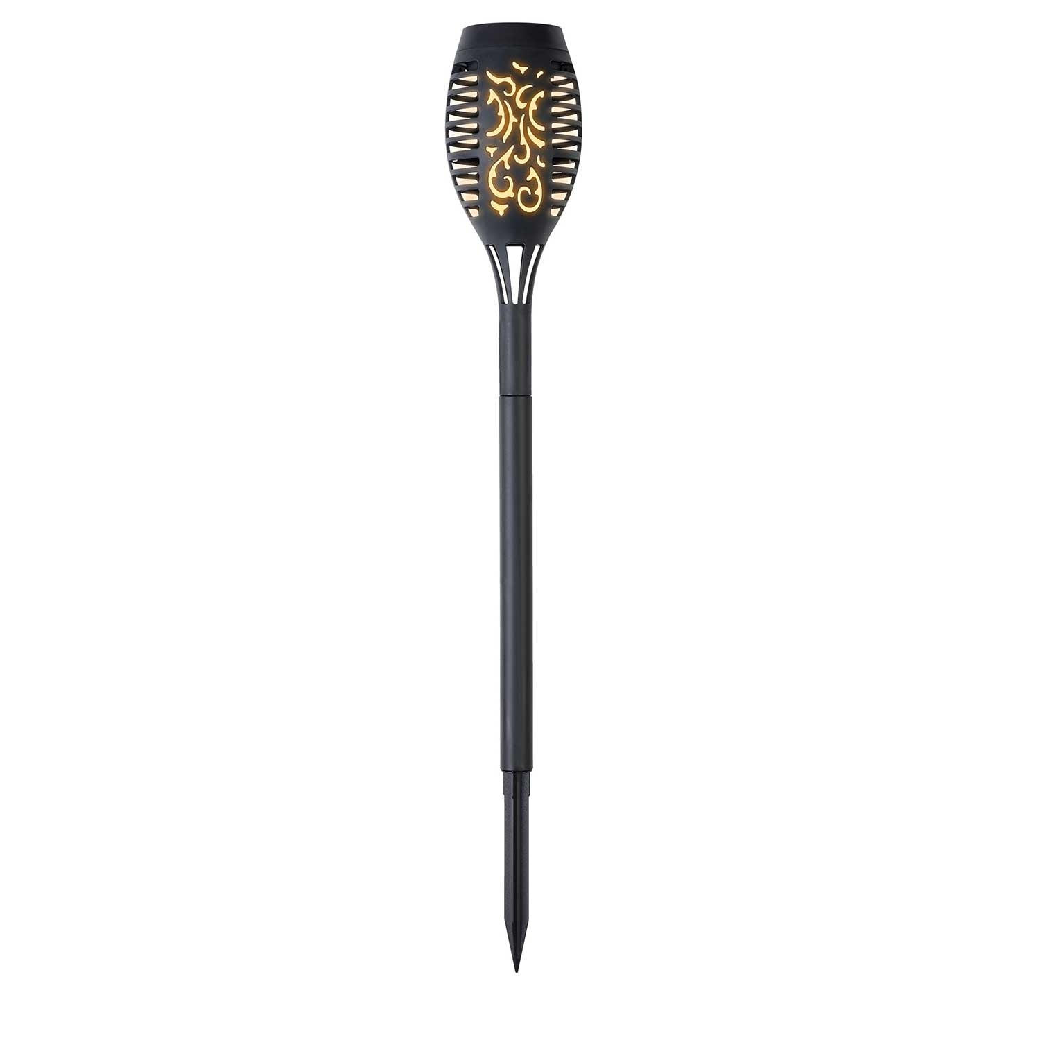 Una antorcha negra con un diseño de llama decorativo. La antorcha tiene una púa en la parte inferior y una parte superior decorativa.