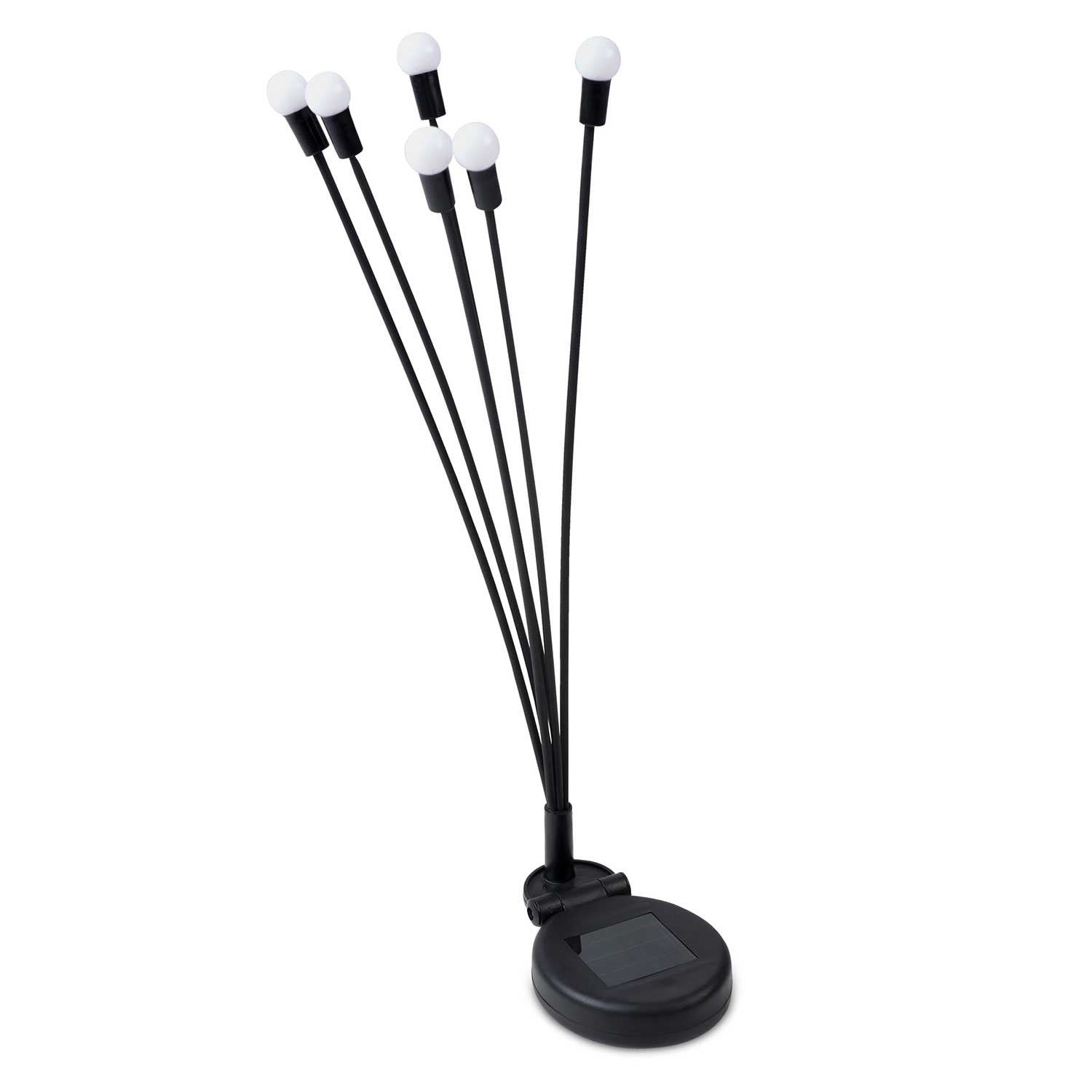 Luces solares negras para jardín con bombillas blancas. Las luces están dispuestas en forma de ramo. La base es redonda y negra.