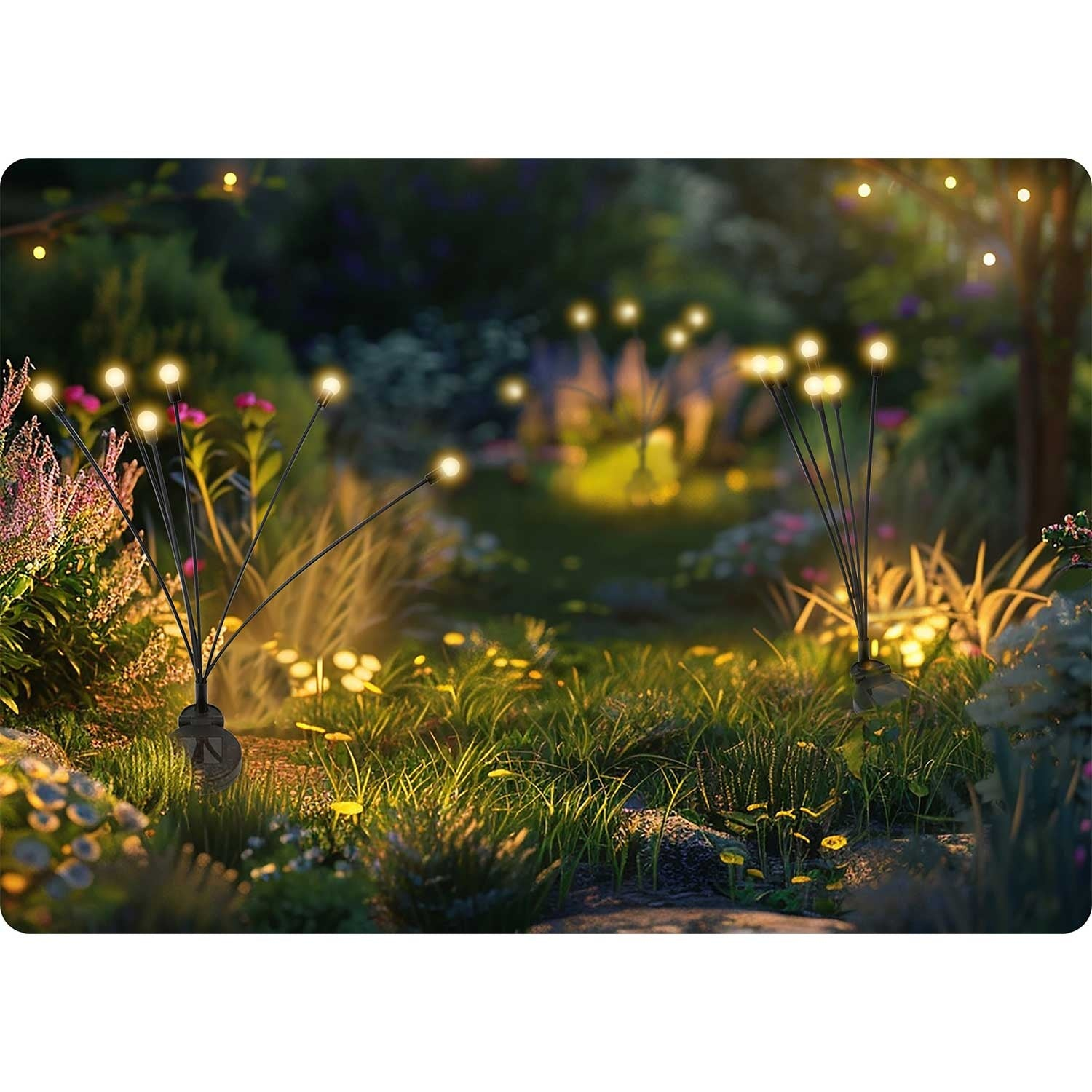 Escena de jardín con luces solares que parecen luciérnagas. Verde exuberante, flores y un camino conducen a un fondo borroso de árboles.