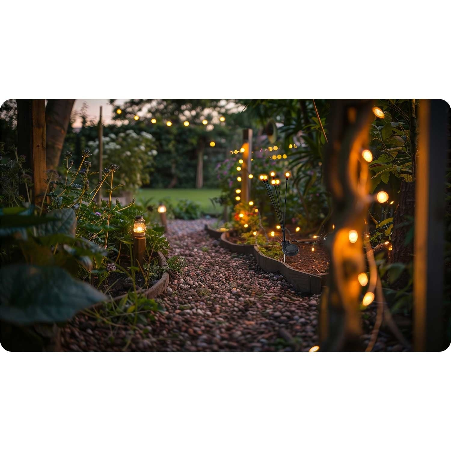 Un camino de jardín iluminado por luces de cadena y faroles. El camino es de guijarros, con plantas y árboles a ambos lados.