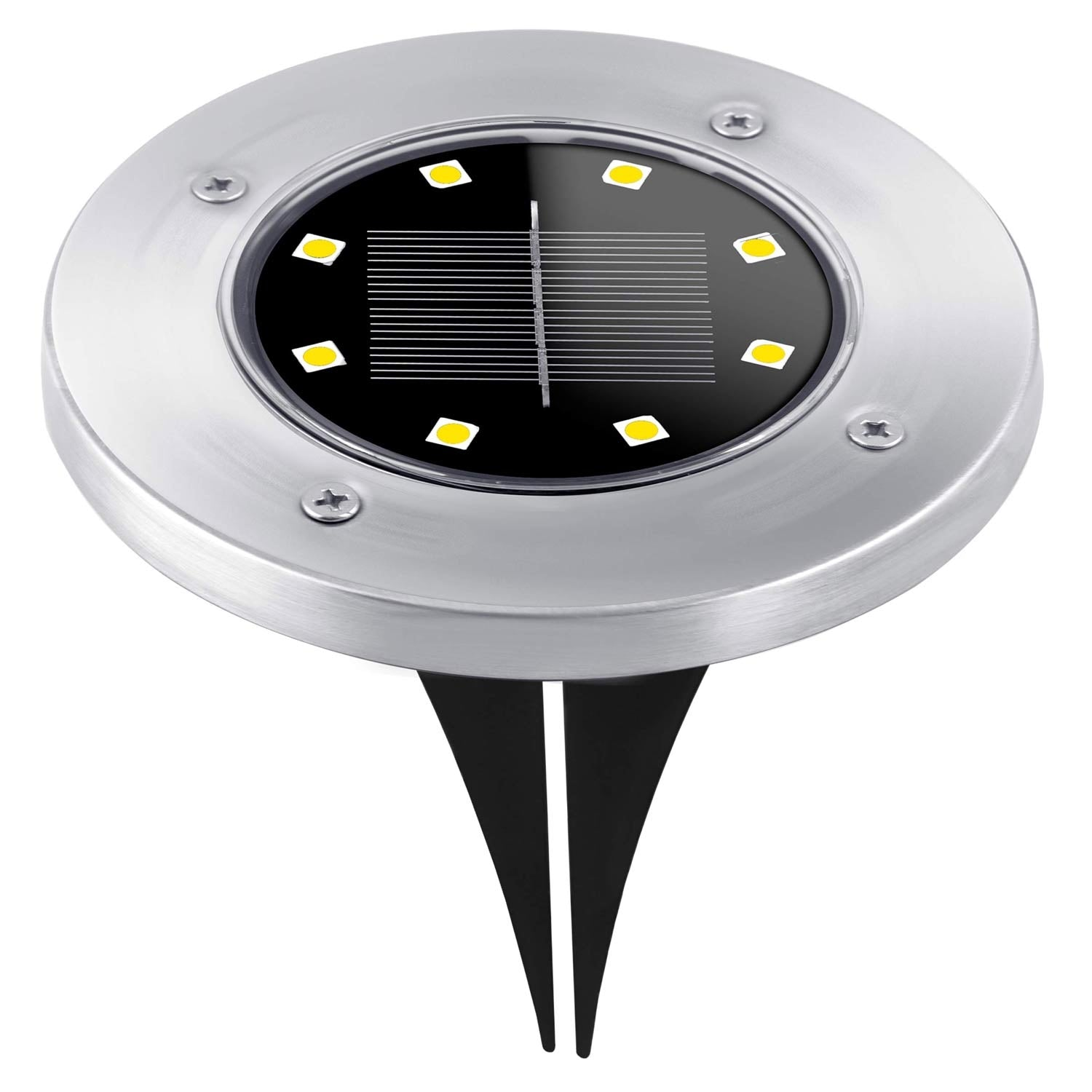 Una luz solar plateada redonda con un centro negro que contiene LED amarillos y un panel solar. Púas negras adjuntas.