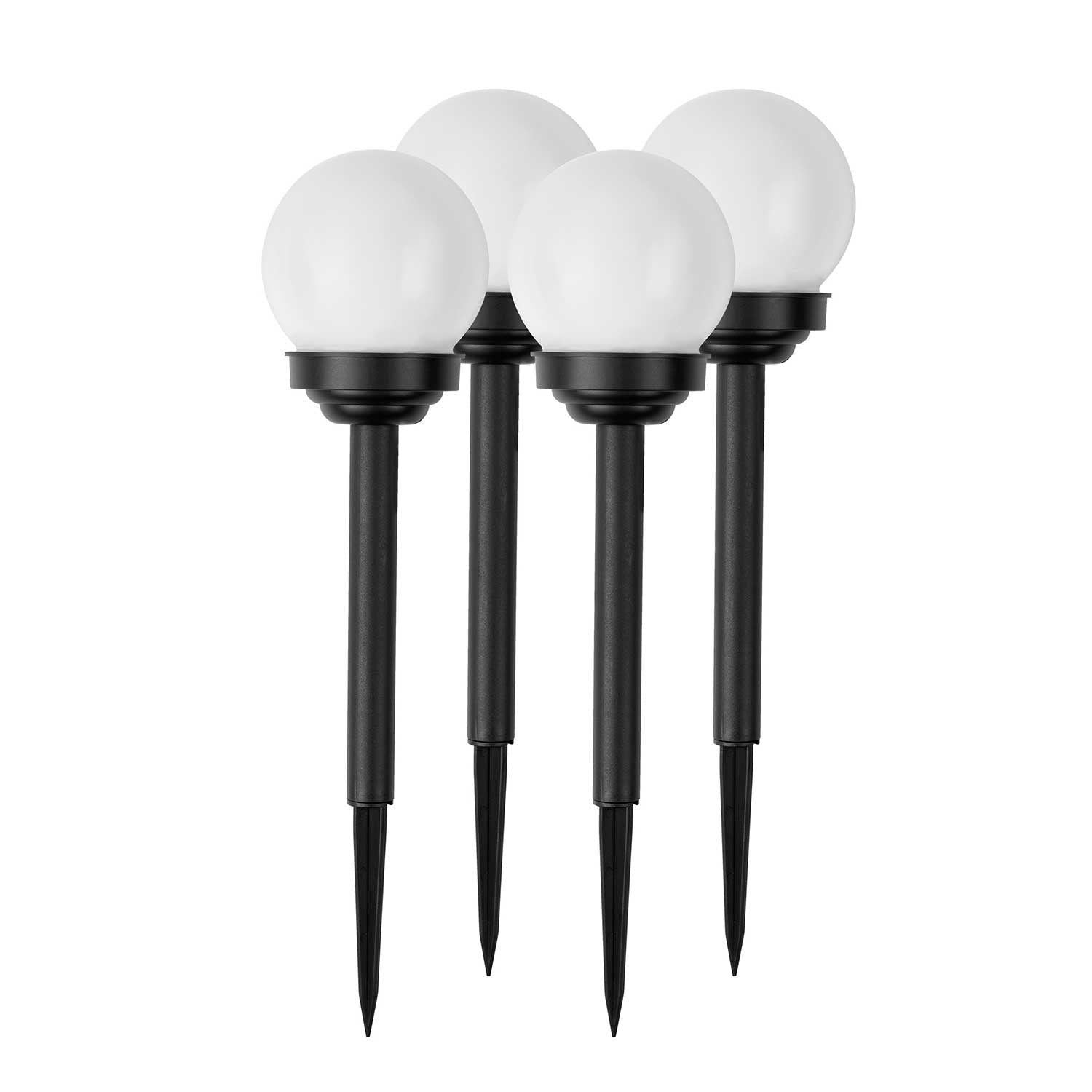 Cuatro luces solares de jardín en blanco y negro. Cada luz tiene un globo blanco sobre un poste negro con una púa.