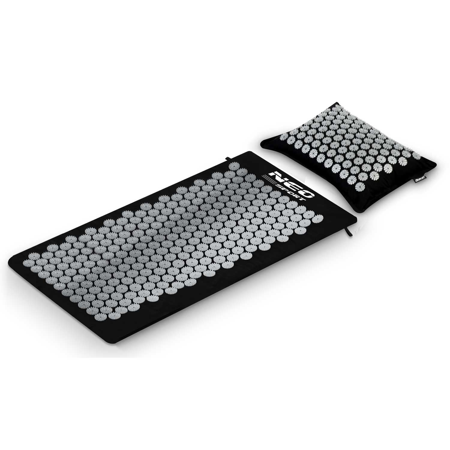 Juego de esterilla y almohada de acupresión. Negro con nodos circulares blancos. Se ve la marca 'NEO SPORT'.