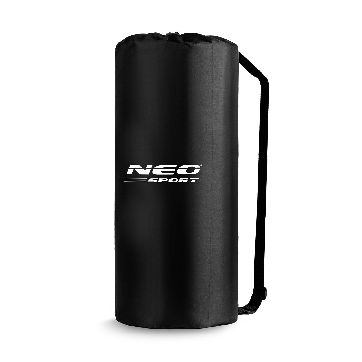 Una bolsa cilíndrica negra con el logo blanco 'NEO SPORT'. Tiene una correa negra y cierre de cordón, sobre un fondo blanco.