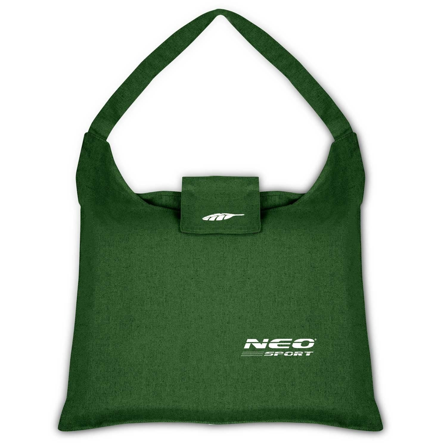 Bolso tote verde con texto y logotipo blanco 'NEO SPORT'. Tiene una solapa con logotipo y una correa larga.