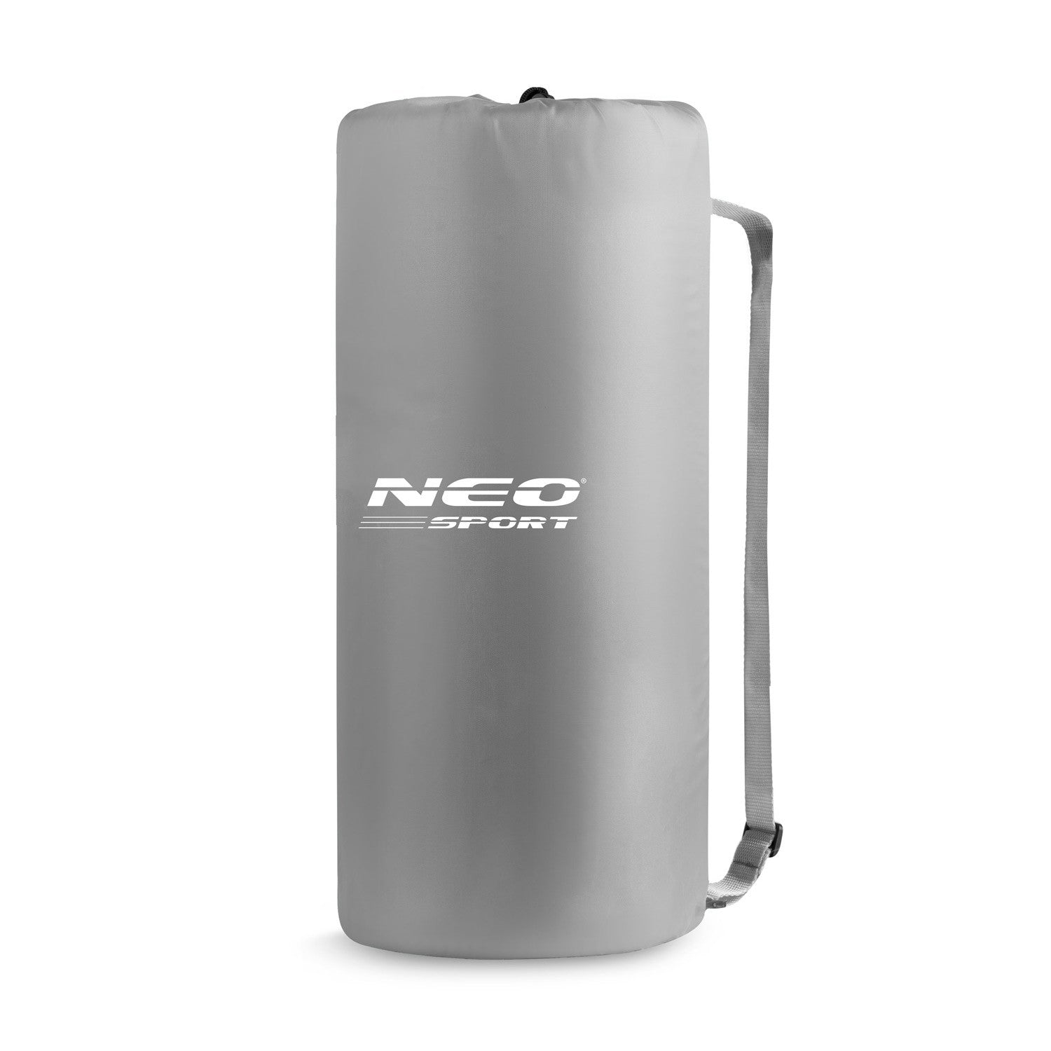 Una bolsa gris cilíndrica con correa y el logo 'NEO SPORT'. Está de pie sobre un fondo blanco.