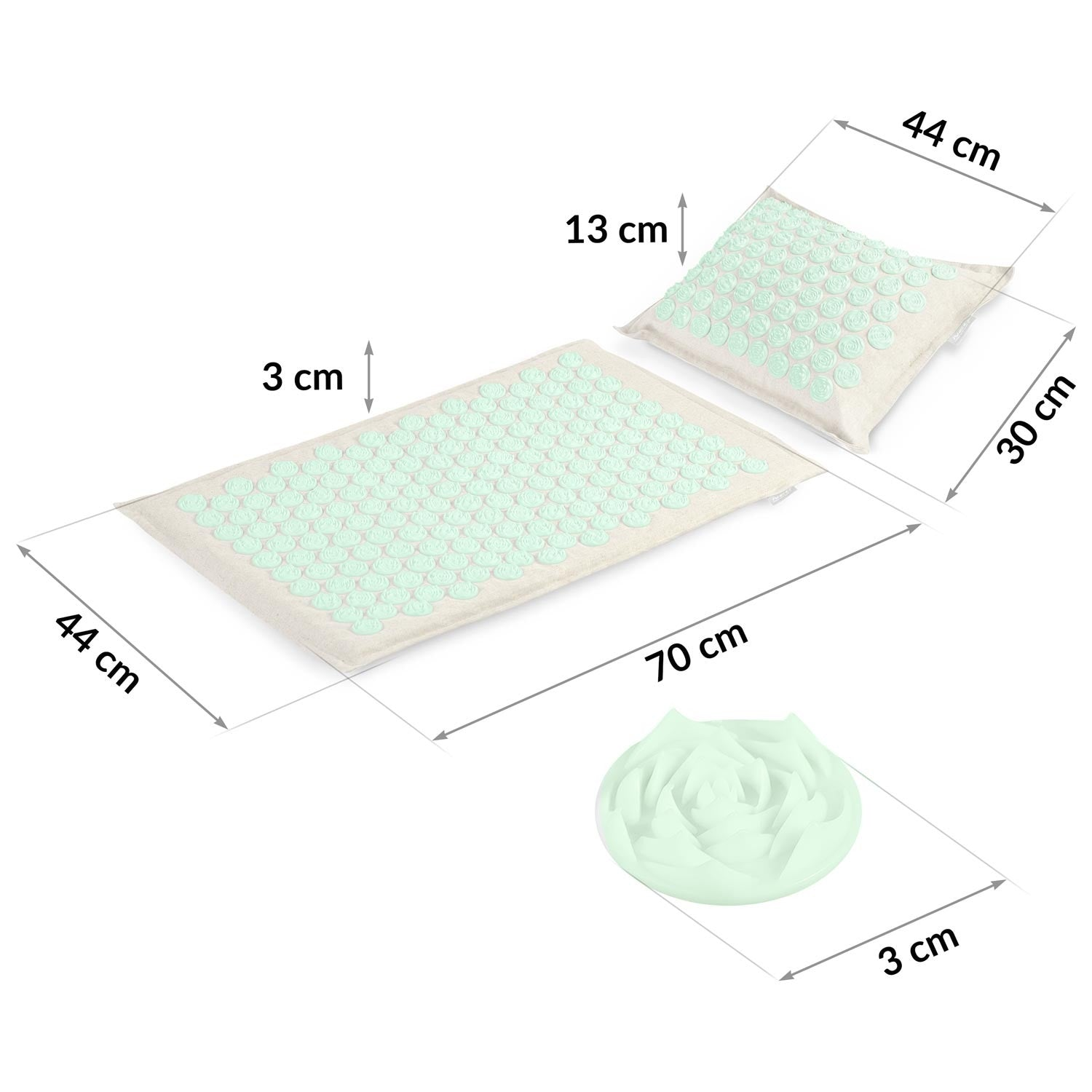 Se muestran tres herramientas de masaje: una esterilla (70x44 cm), una almohada (30x44 cm) y una pieza en forma de rosa (3 cm). Todo verde claro.