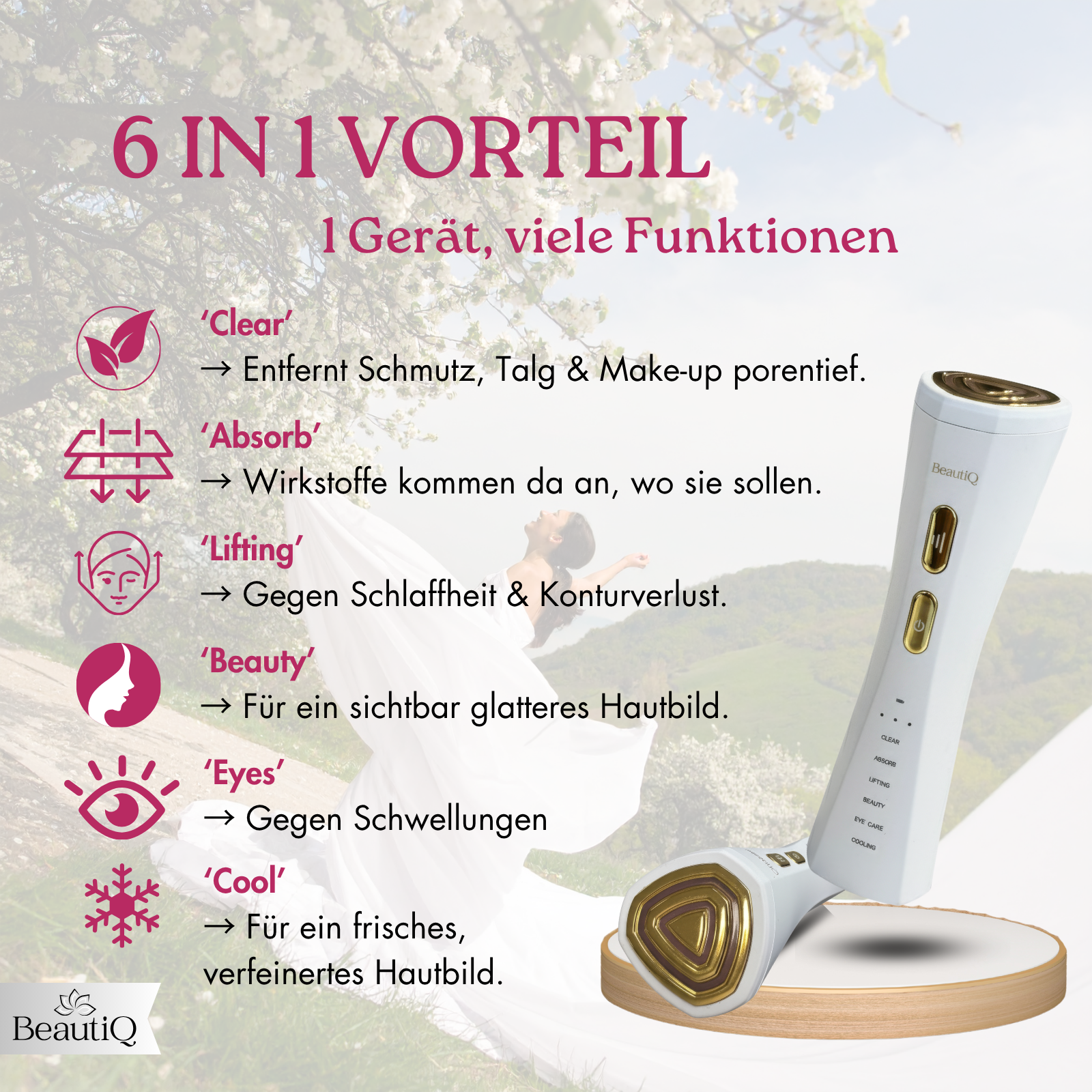 Weißes Gesichtsgerät mit goldenen Akzenten auf Holzständer. Text beschreibt sechs Funktionen mit Symbolen.