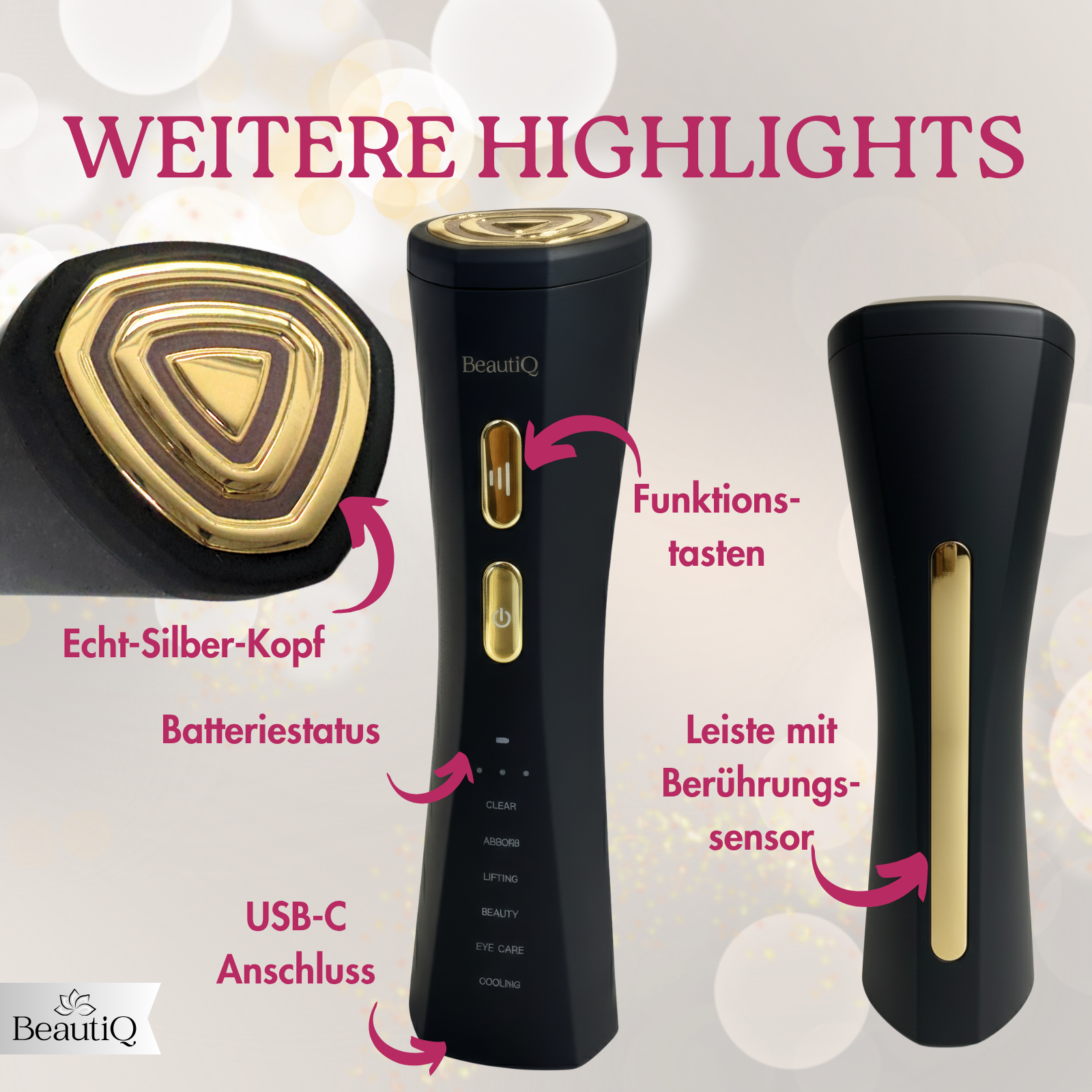 Das Bild zeigt ein schwarzes Schönheitsgerät mit goldenen Akzenten. Zu den Merkmalen gehören ein Silberkopf, Funktionstasten, ein Berührungssensor und ein USB-C-Anschluss.