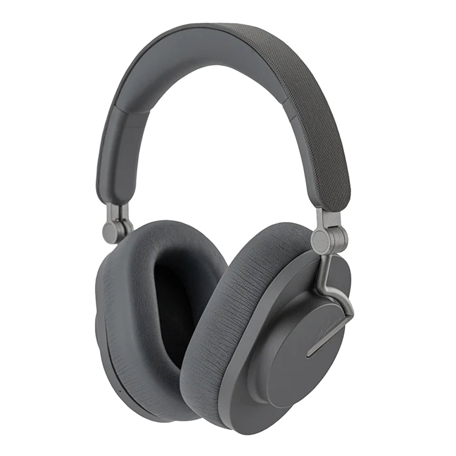 Graue Over-Ear-Kopfhörer. Die Ohrmuscheln und das Kopfband sind gepolstert. Der Hintergrund ist weiß.