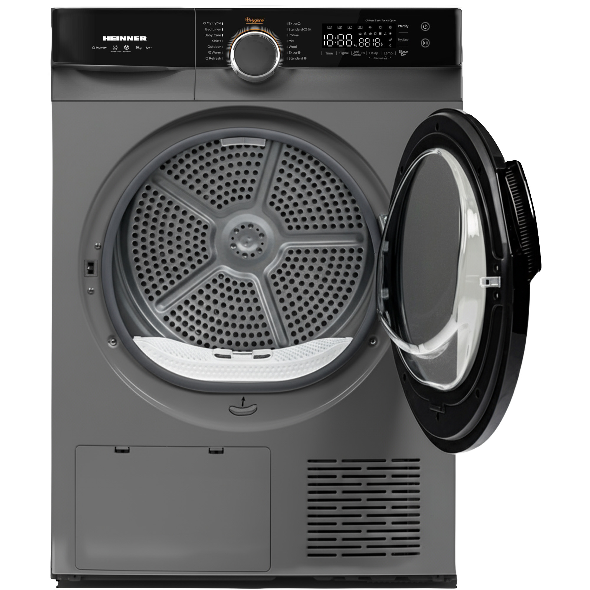 A gray dryer with an open door. The door reveals a perforated drum. Digital display and control panel are visible.