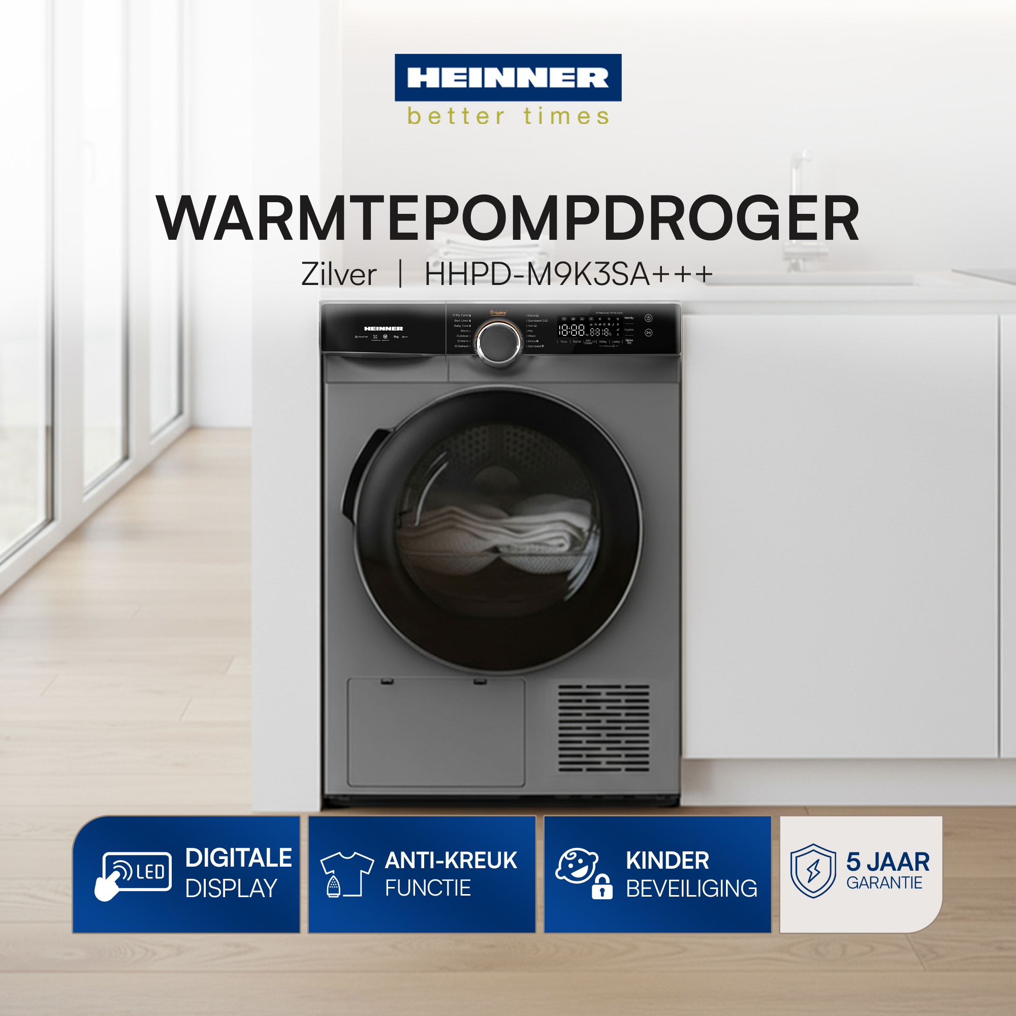 A silver heat pump dryer with digital display, anti-crease function, child safety, and a 5-year guarantee.