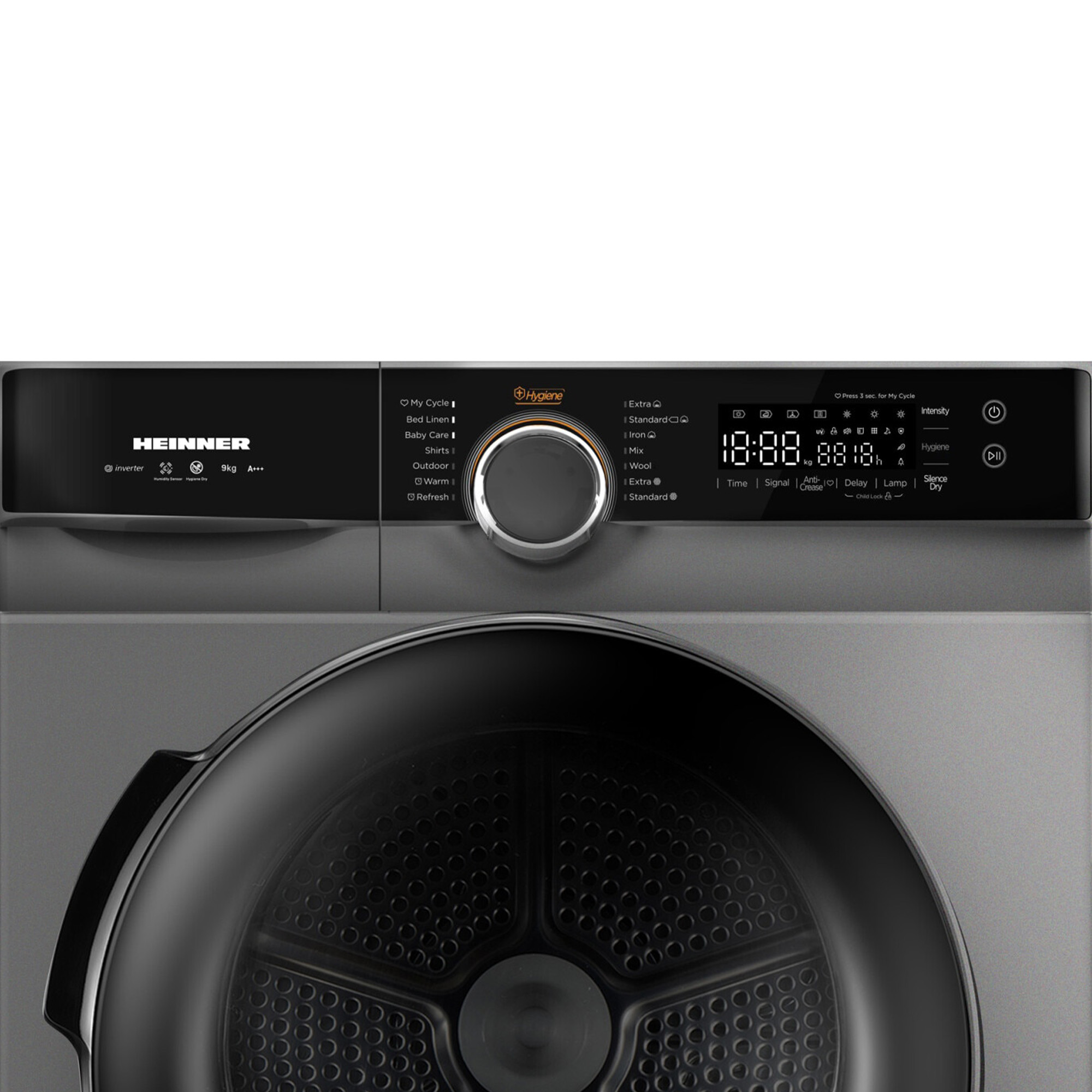 A gray HEINNER dryer. It has a digital display, multiple buttons, and a large black door. The drum is visible.