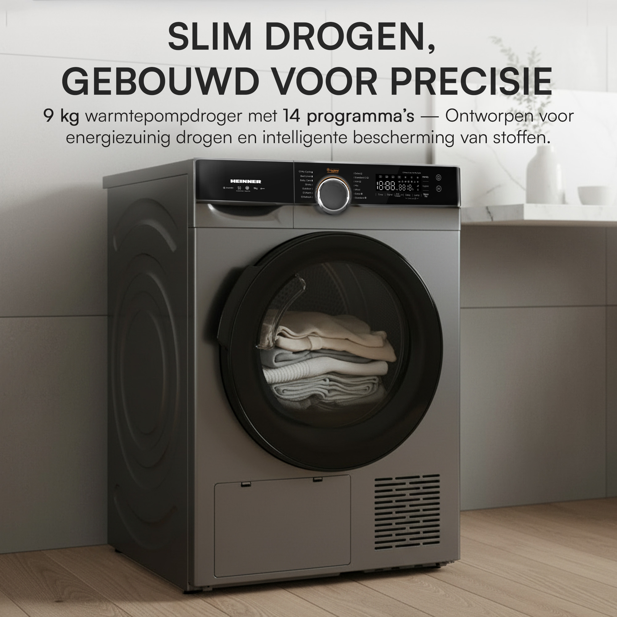 A gray dryer with black door, displaying clothes inside. Text above says 'Slim Drogen, Gebouwd voor Precisie.'