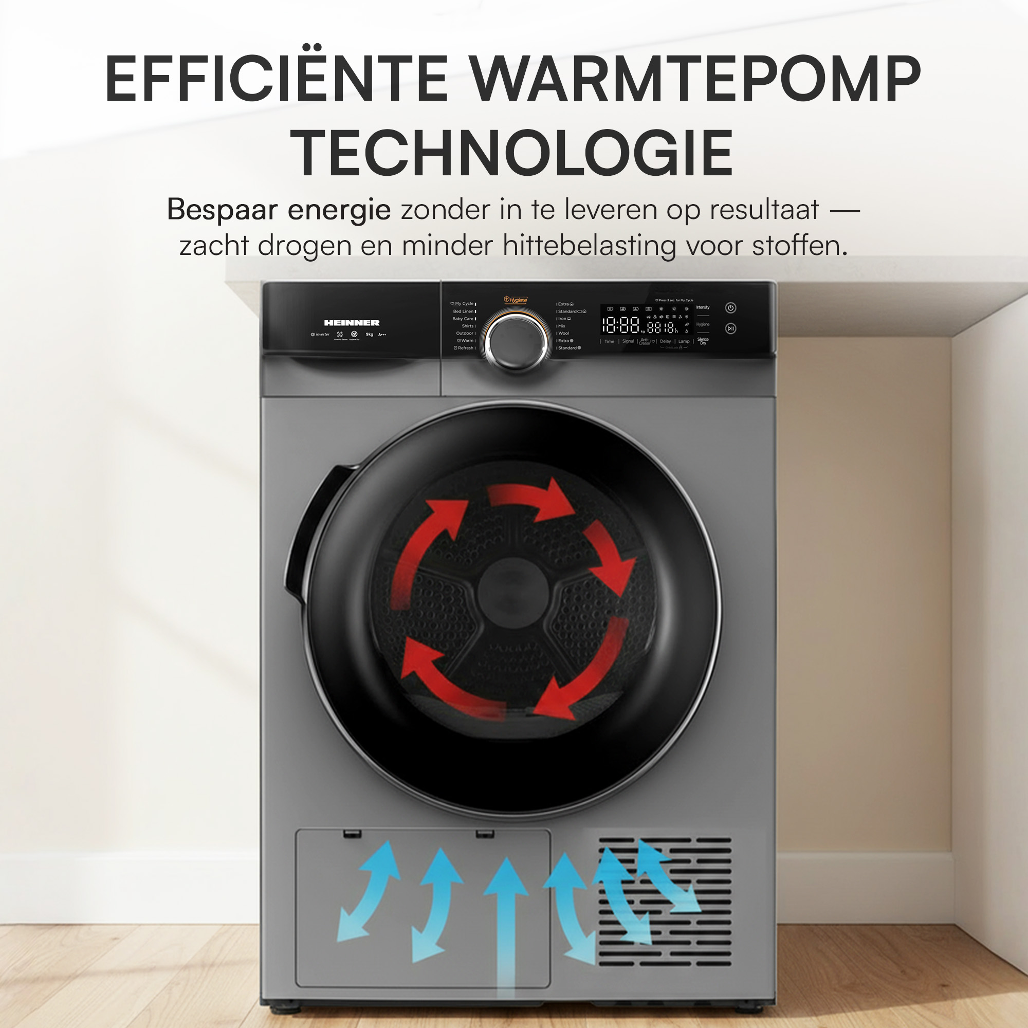 A gray dryer with a black door. Red arrows inside indicate movement. Text at top: Efficient Heat Pump Technology.