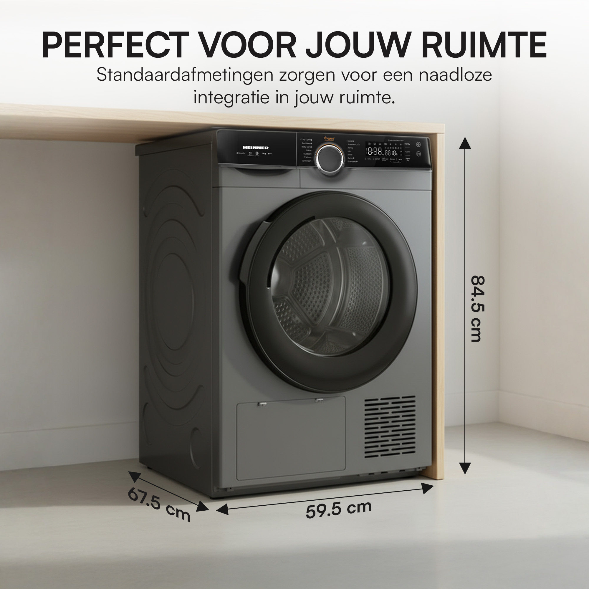 A gray dryer with a black door is positioned in a corner. Dimensions are labeled. Text at the top reads 'Perfect for your space'.