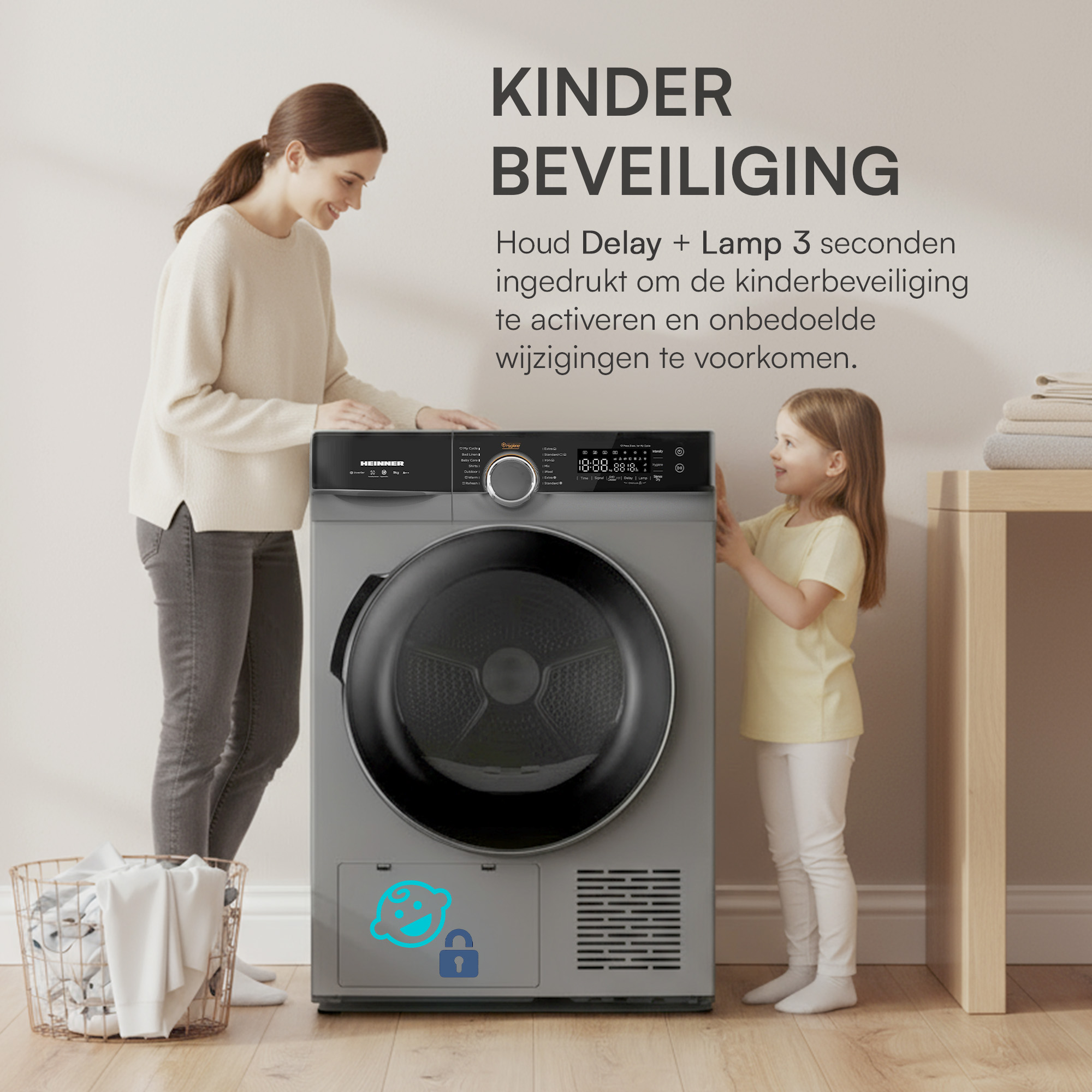 A woman and a girl near a dryer. Text about child safety is visible.