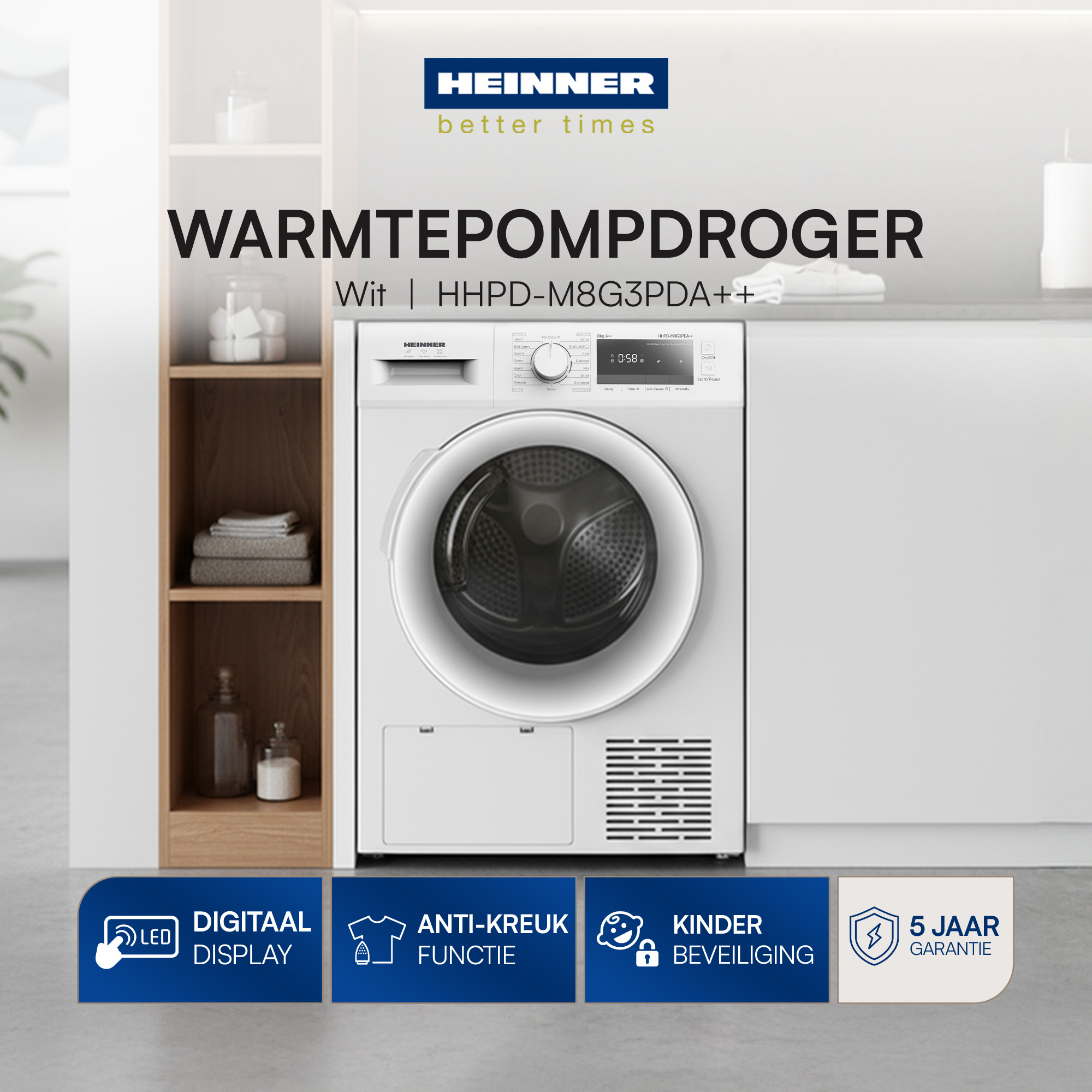 Ein weißer Trockner mit Digitalanzeige. Text: Warmtepompdroger, Heinner, und Icons für Digitalanzeige und Kindersicherung.